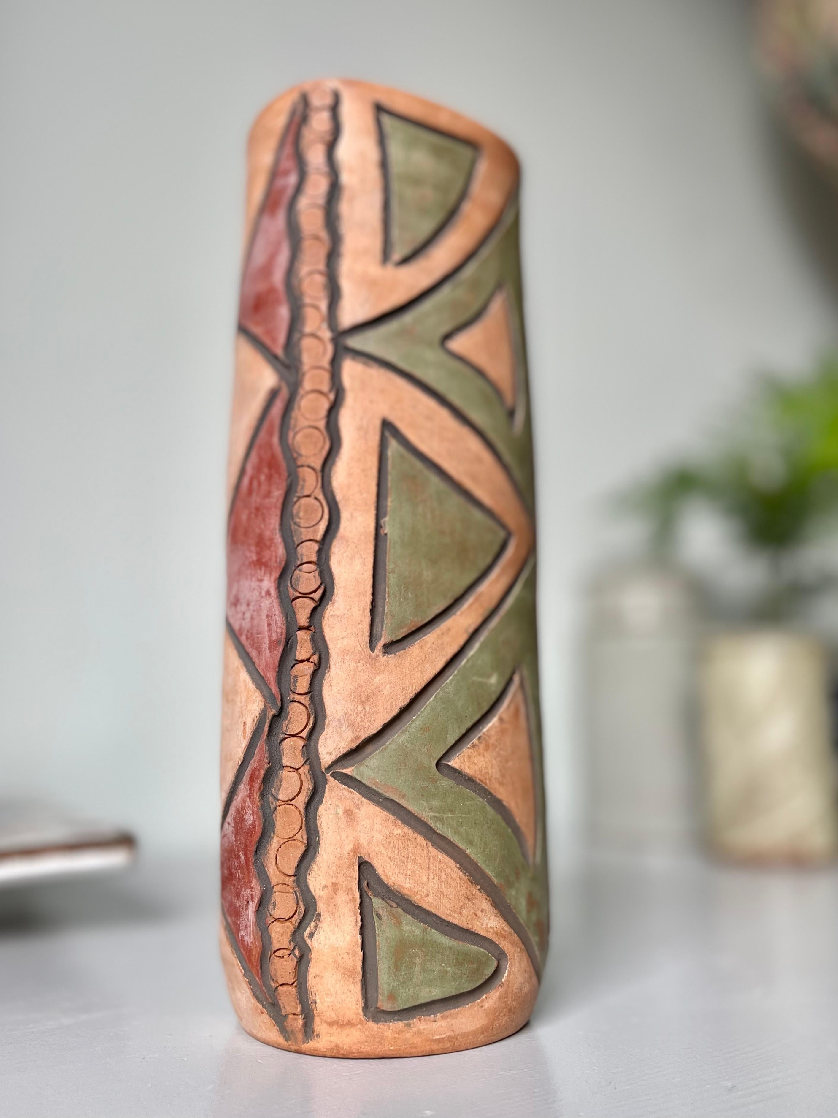 Tall Handmade Folkloristic Geometric Decor Ceramic Vase For Sale 4