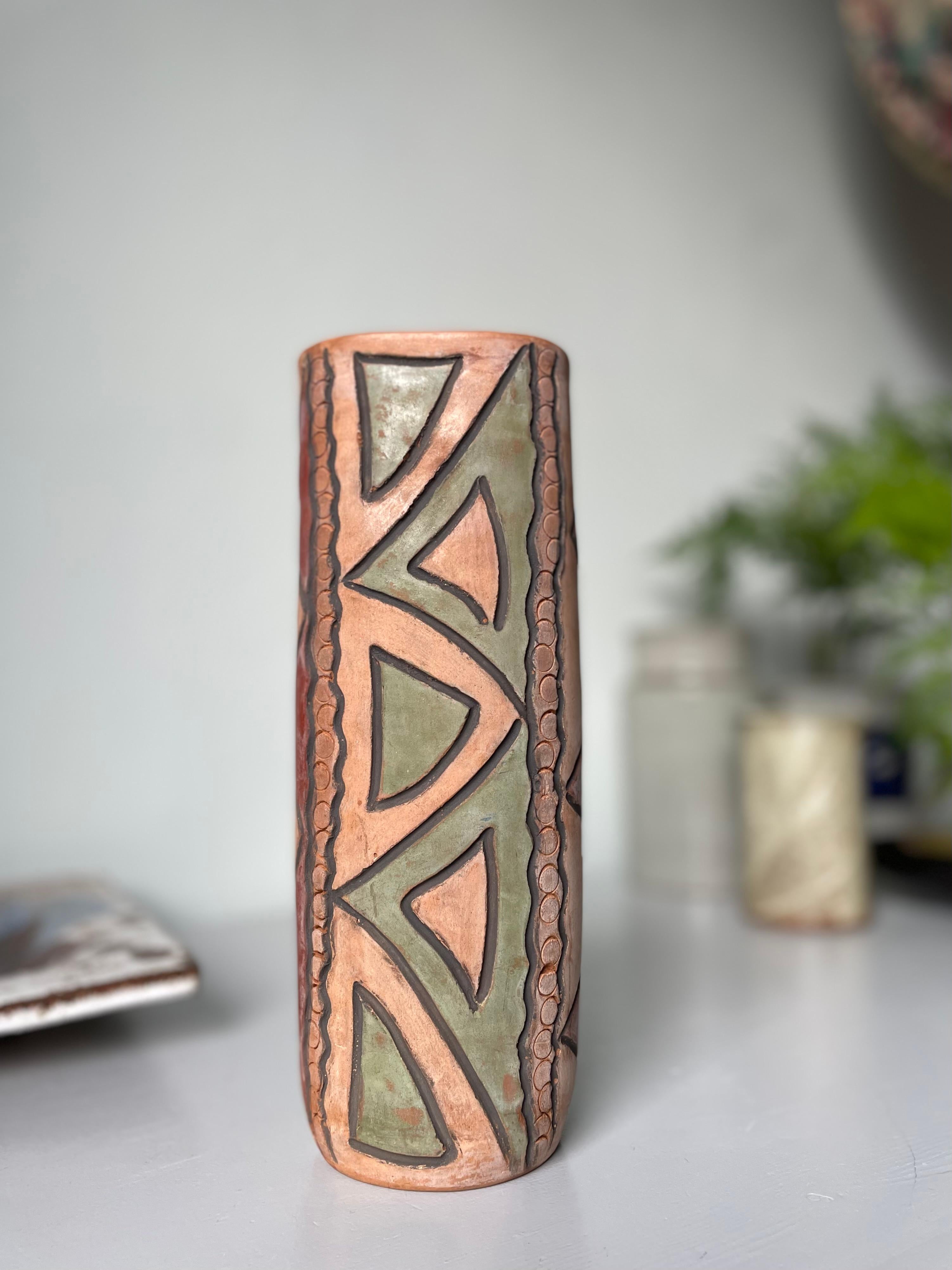 Folk Art Tall Handmade Folkloristic Geometric Decor Ceramic Vase For Sale