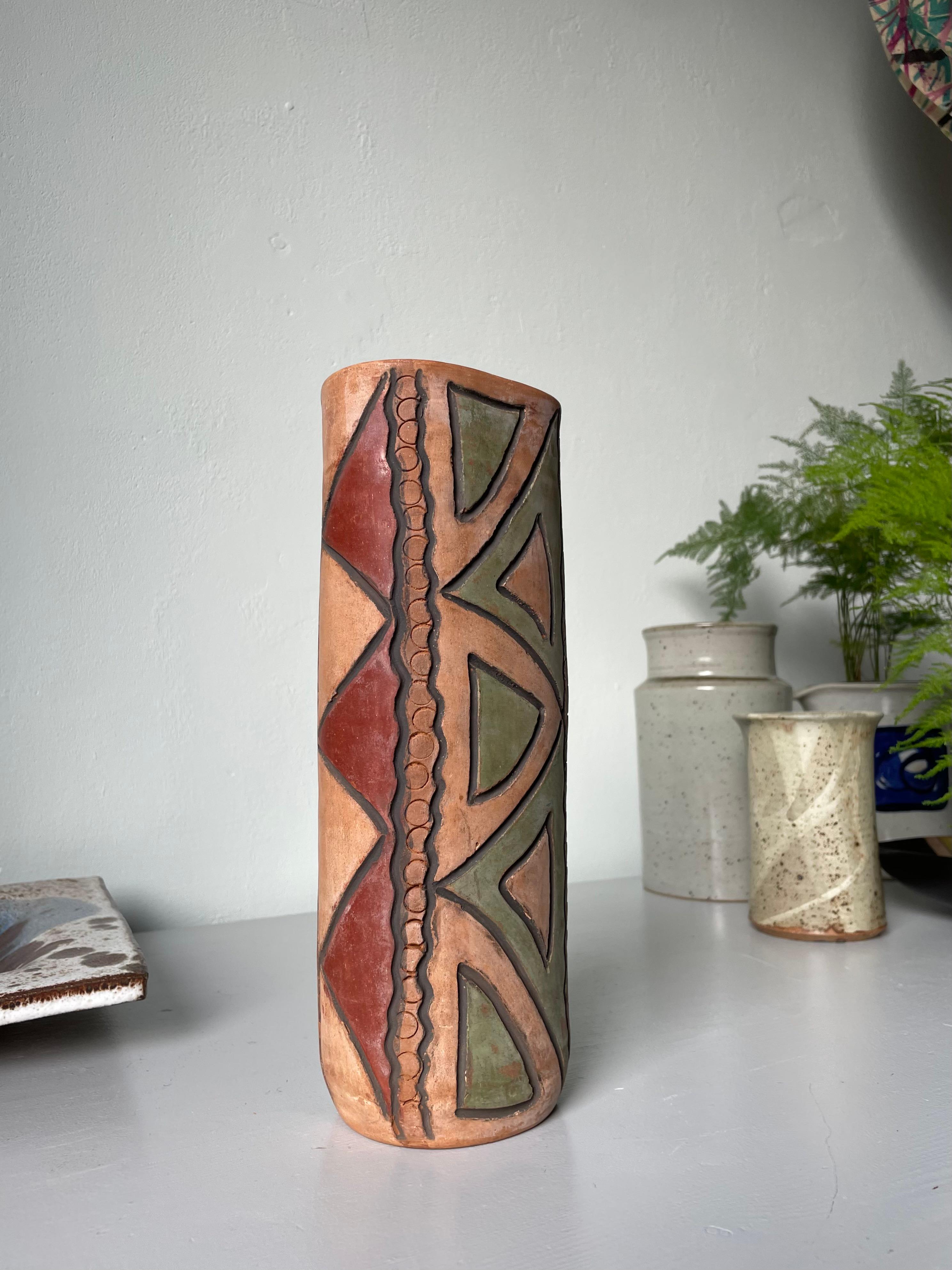 Unknown Tall Handmade Folkloristic Geometric Decor Ceramic Vase For Sale