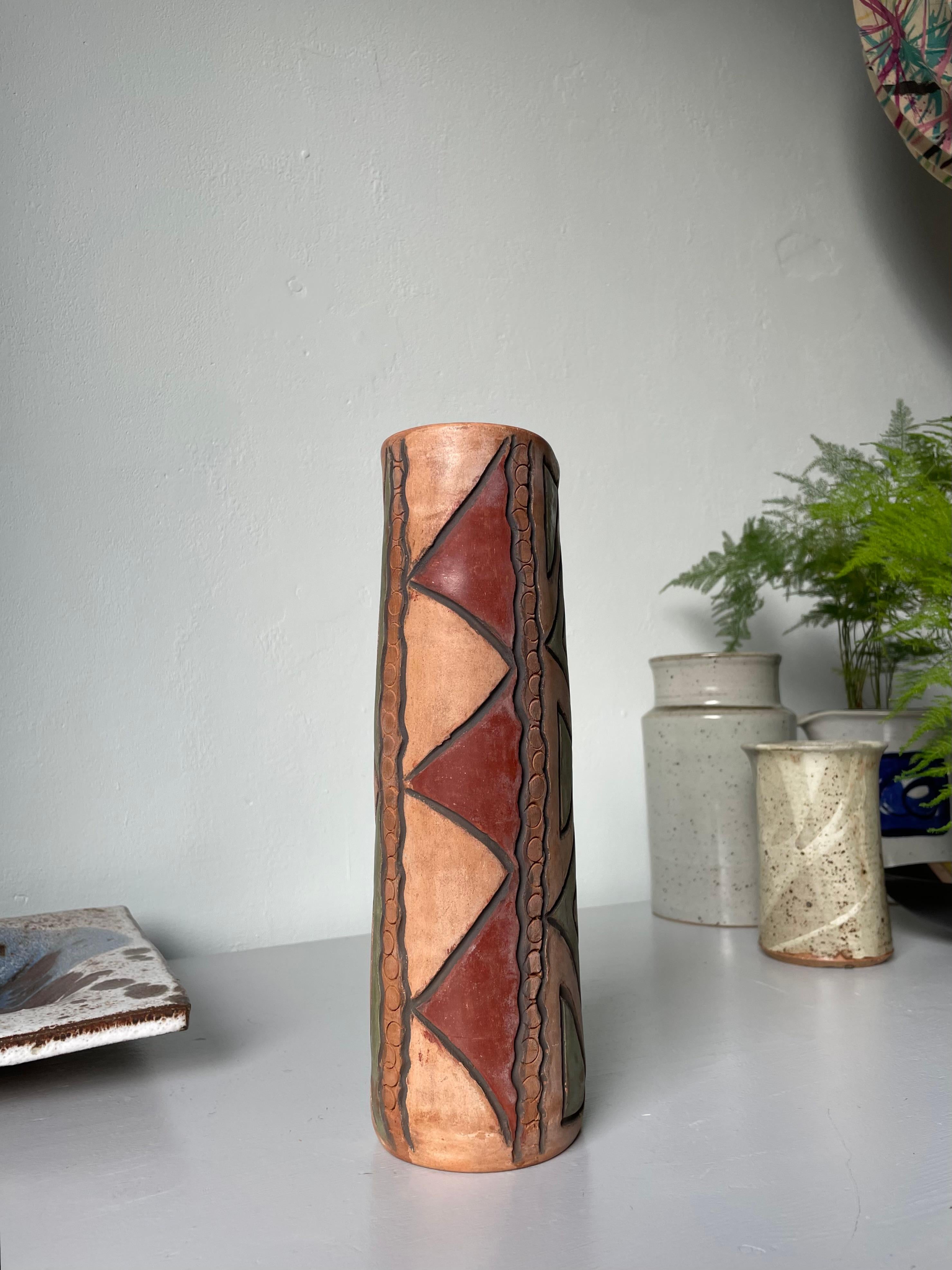 Hand-Carved Tall Handmade Folkloristic Geometric Decor Ceramic Vase For Sale