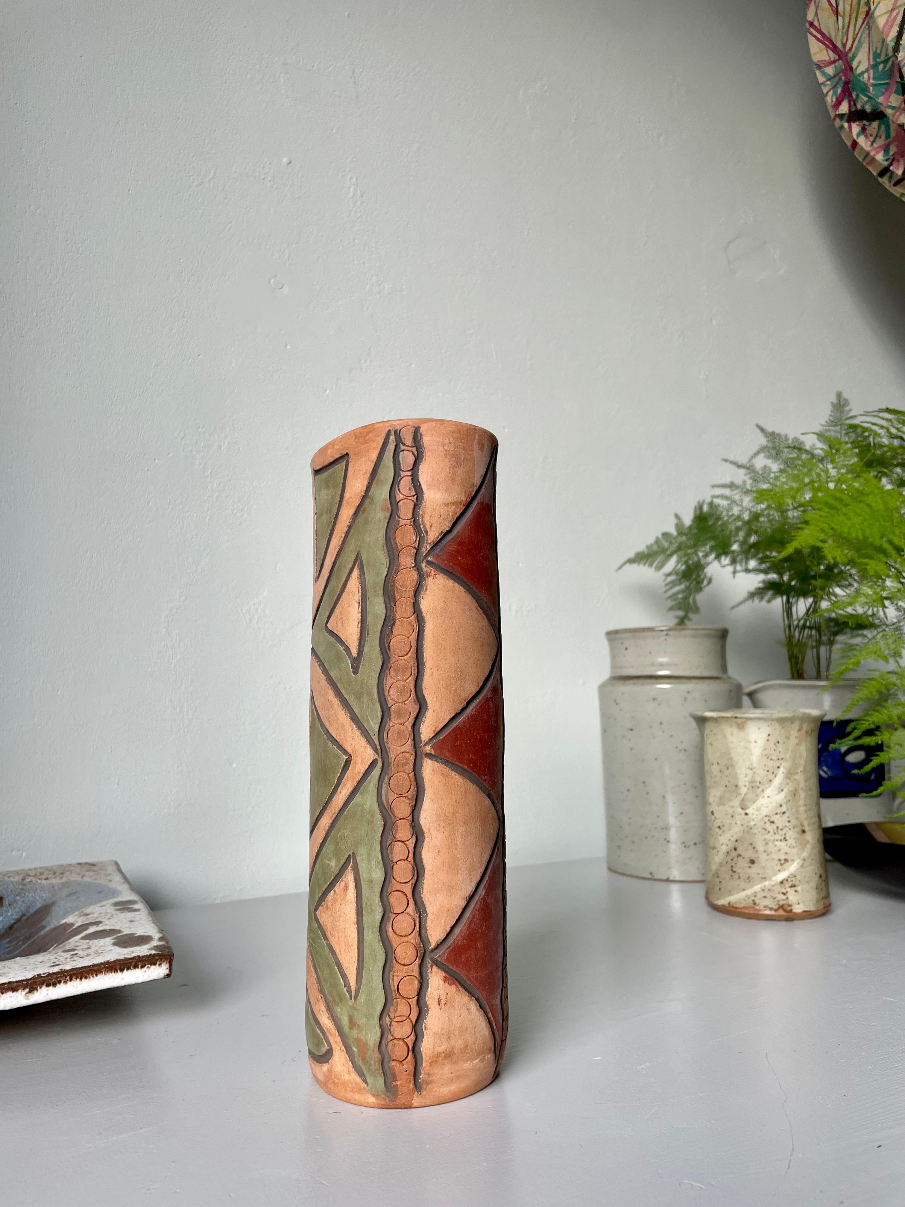 Tall Handmade Folkloristic Geometric Decor Ceramic Vase In Good Condition For Sale In Copenhagen, DK