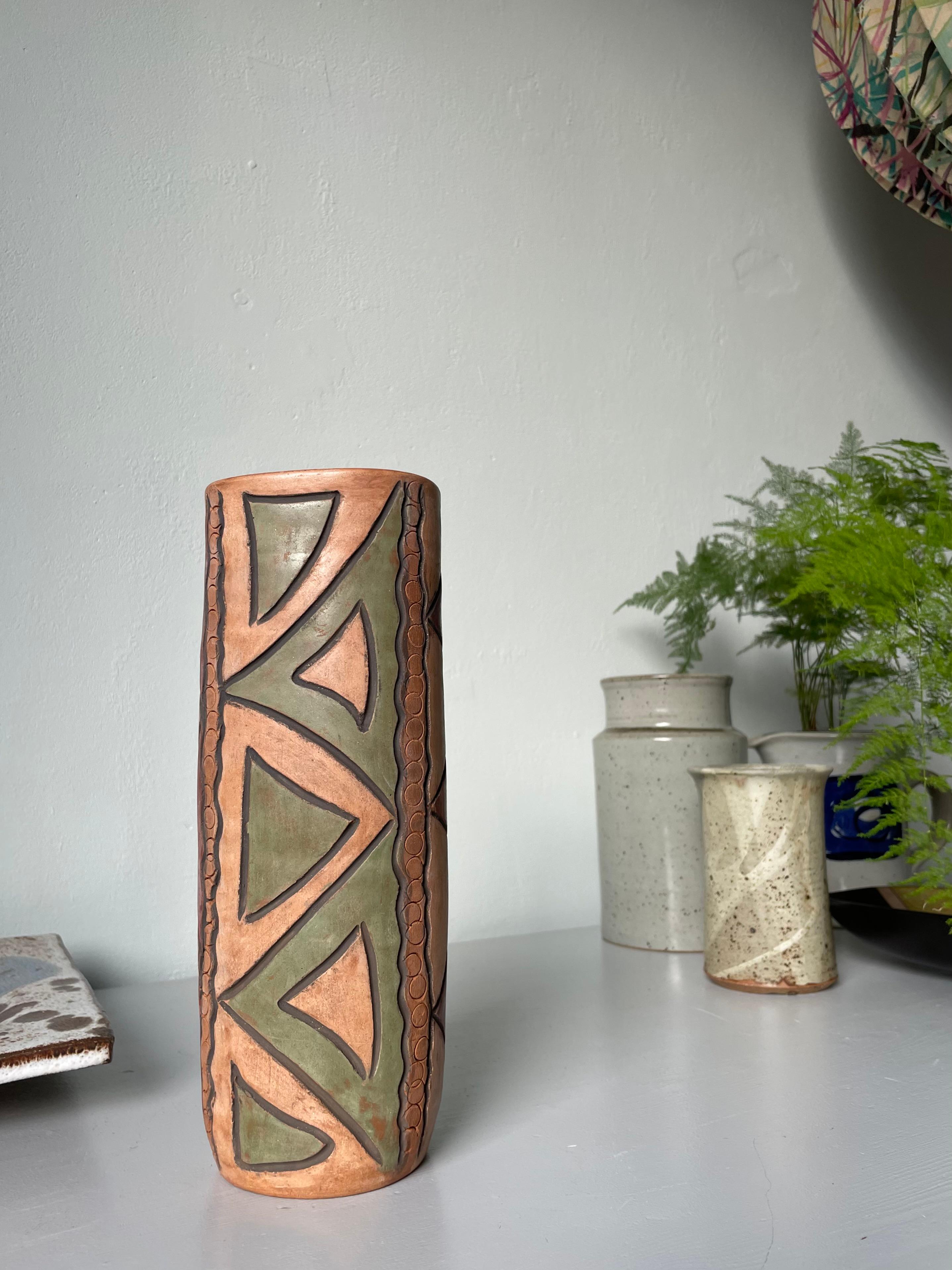 20th Century Tall Handmade Folkloristic Geometric Decor Ceramic Vase For Sale