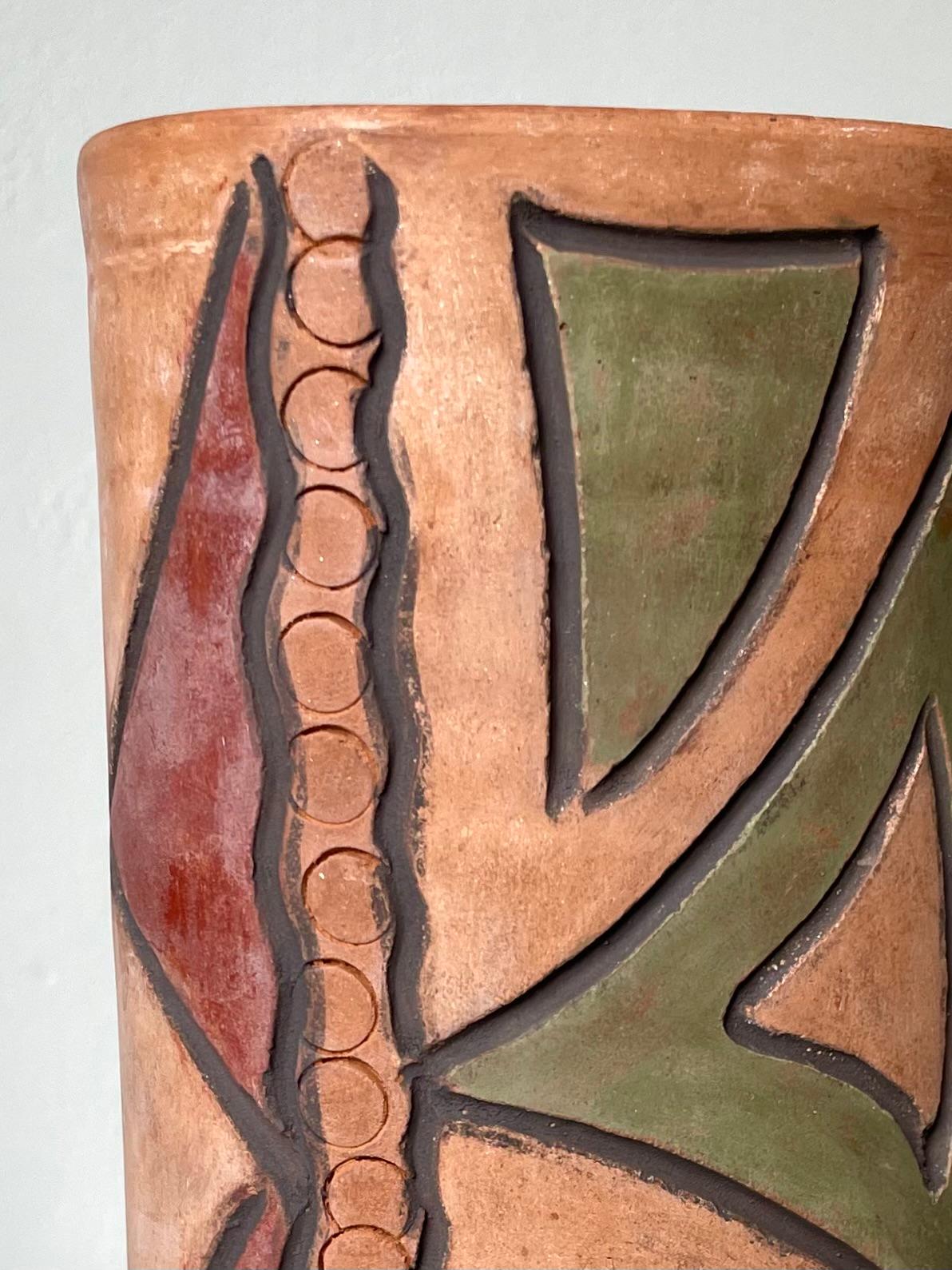Tall Handmade Folkloristic Geometric Decor Ceramic Vase For Sale 2