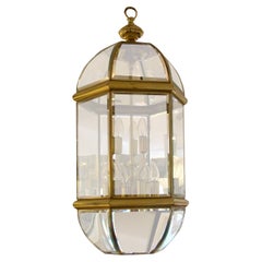 1970s Tall Swedish Hexagonal Brass and Curved Bevelled Glass Electrified Lantern