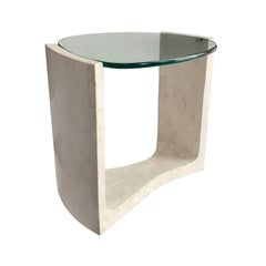 1970s Tall Travertine Side Table with Rounded Glass Top