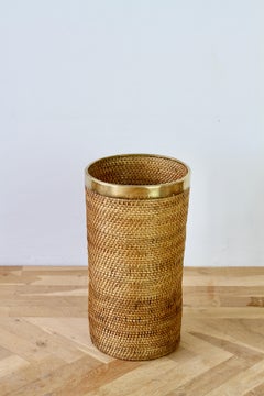 1970s Tall Vintage Mid-Century Italian Bamboo, Rattan and Brass Umbrella Stand