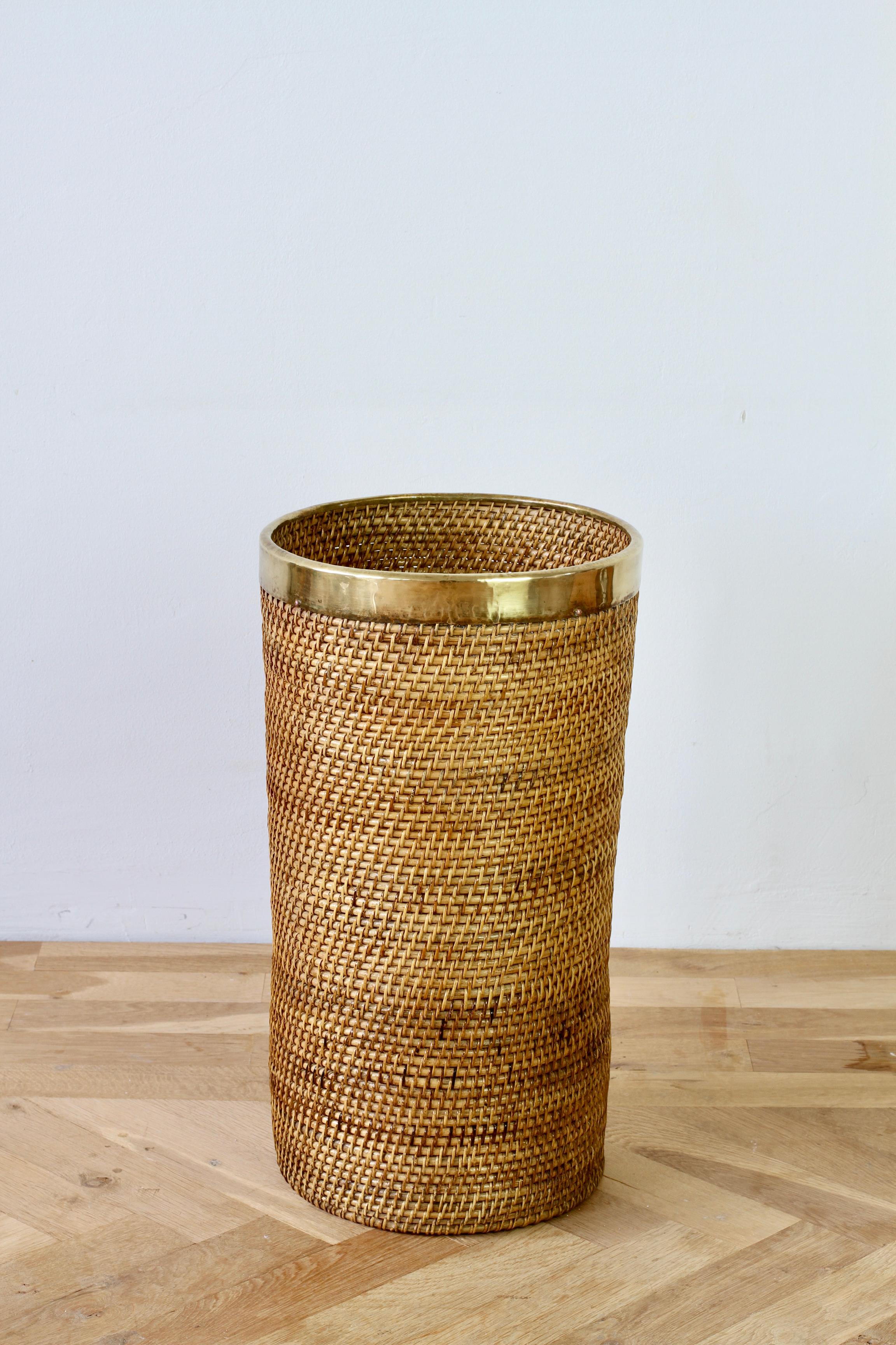 Polished 1970s Tall Vintage Mid-Century Italian Bamboo, Rattan and Brass Umbrella Stand