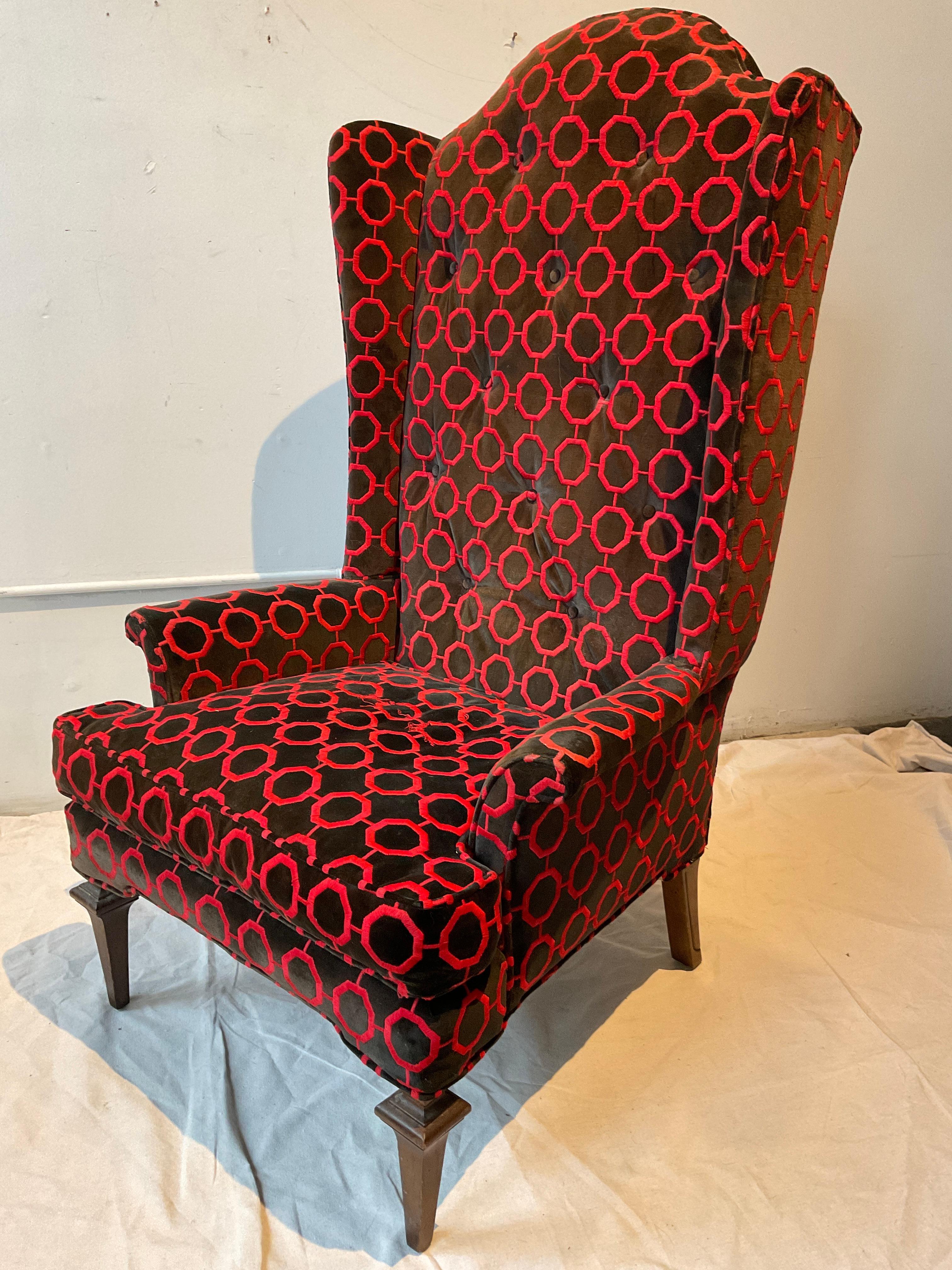 1970s Tall wingback chair by Tomlinson. Very chic, very Kelly Wearstler. Needs reupholstering.