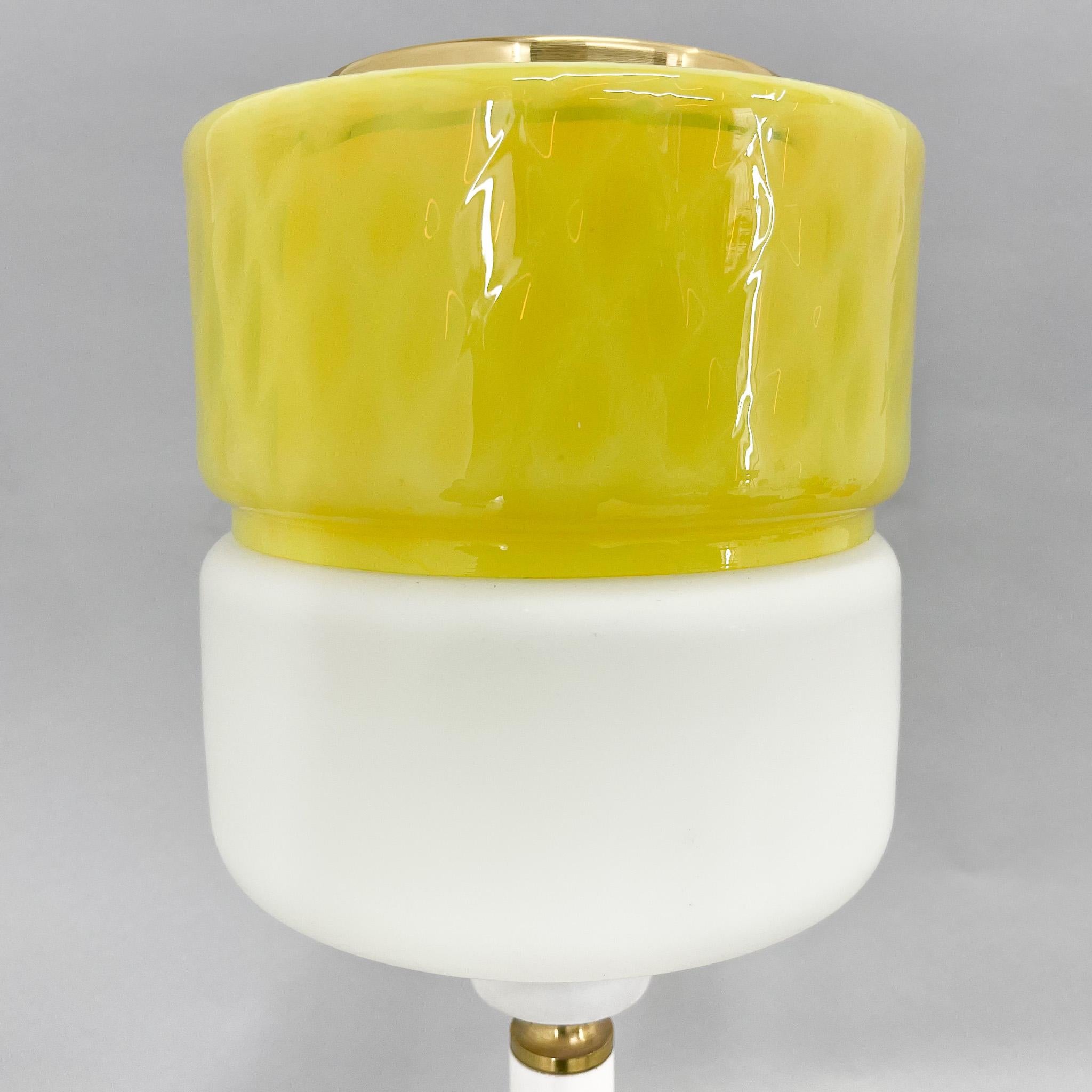 1970s Tall Yellow & White Glass Table Lamp with Brass Details by Drukov, Marked For Sale 4