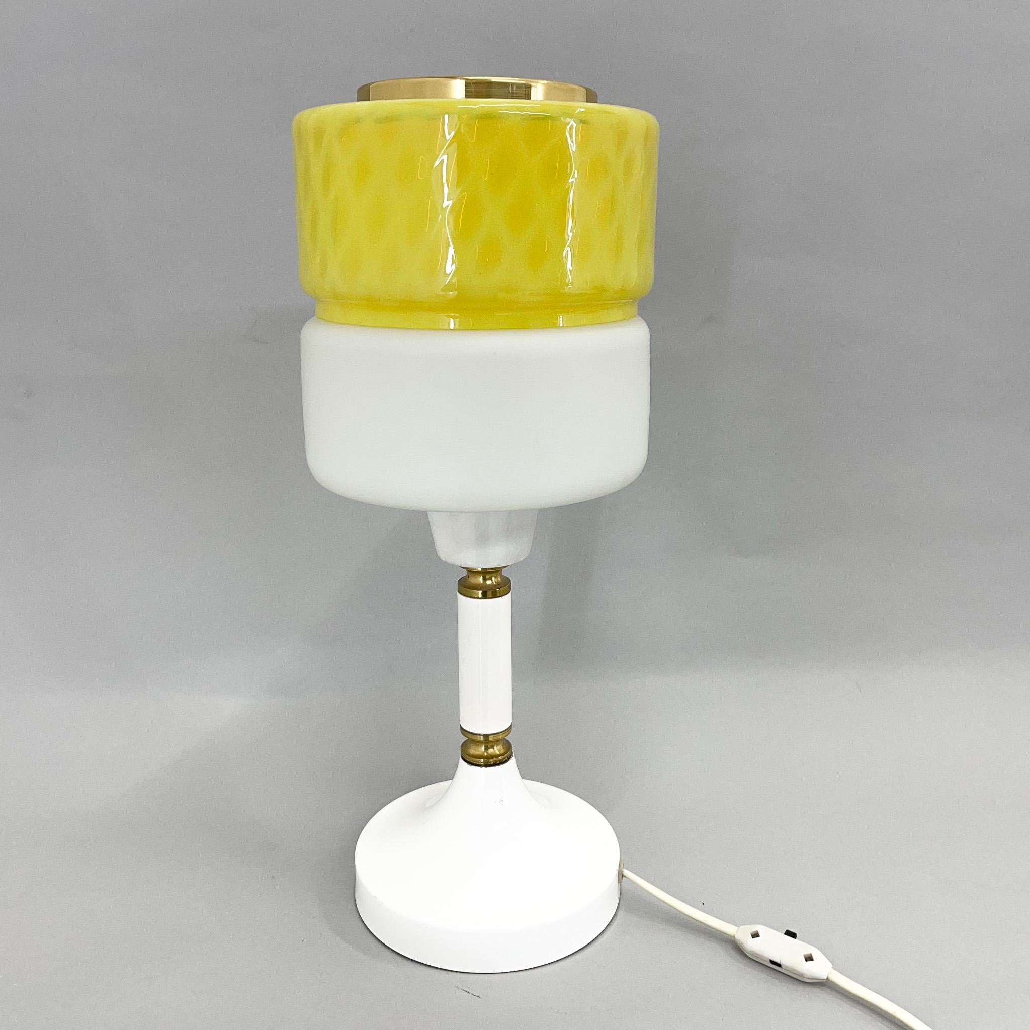 1970s Tall Yellow & White Glass Table Lamp with Brass Details by Drukov, Marked For Sale 5