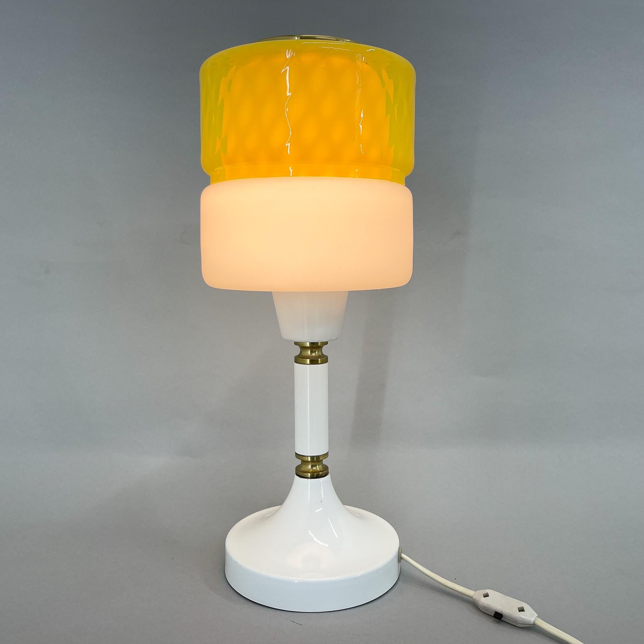 Mid-Century Modern 1970s Tall Yellow & White Glass Table Lamp with Brass Details by Drukov, Marked For Sale