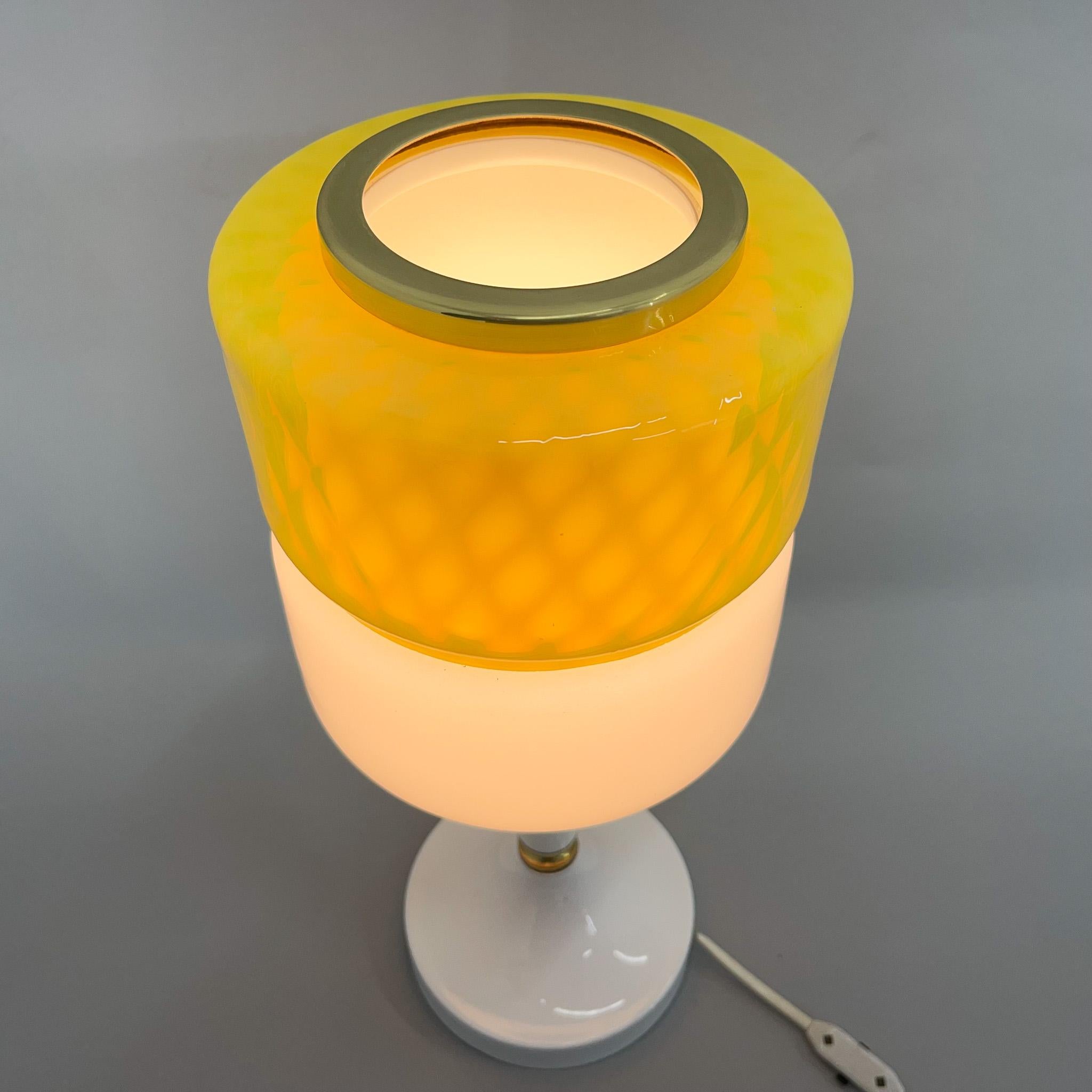 Czech 1970s Tall Yellow & White Glass Table Lamp with Brass Details by Drukov, Marked For Sale
