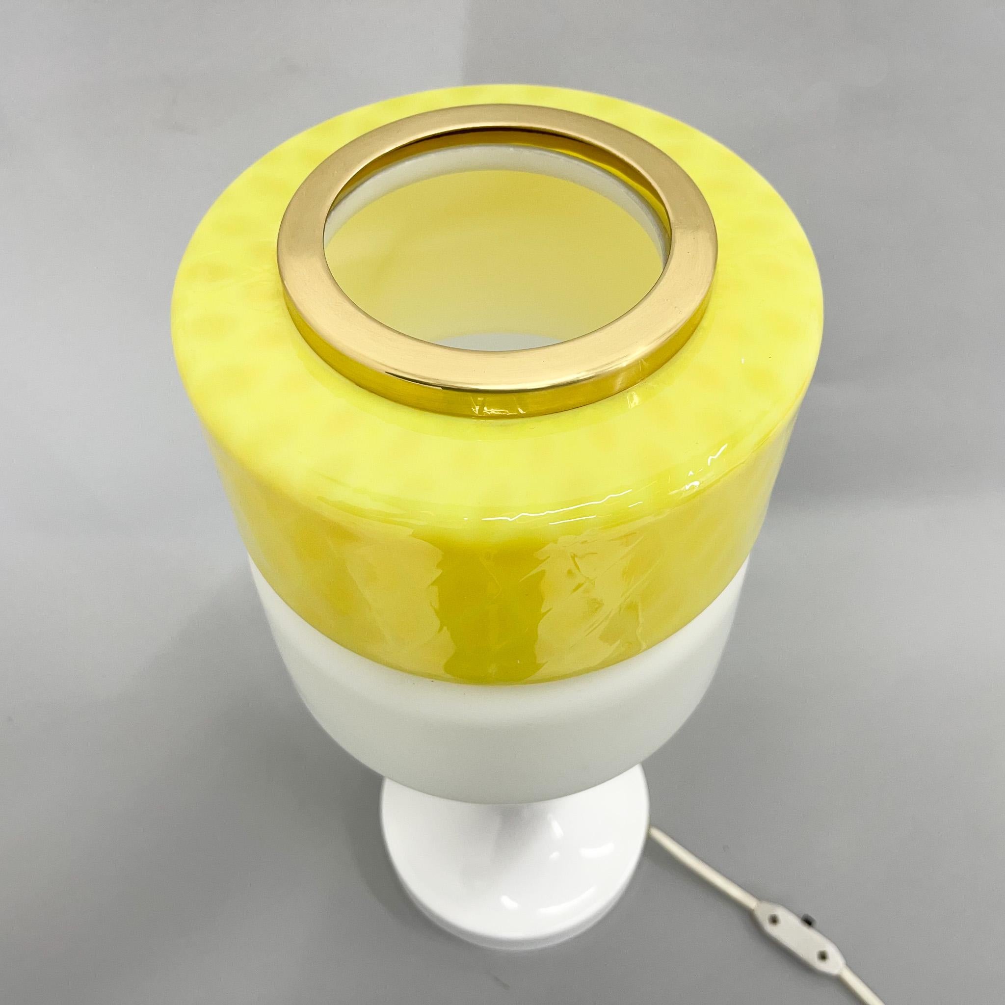 1970s Tall Yellow & White Glass Table Lamp with Brass Details by Drukov, Marked In Good Condition For Sale In Praha, CZ