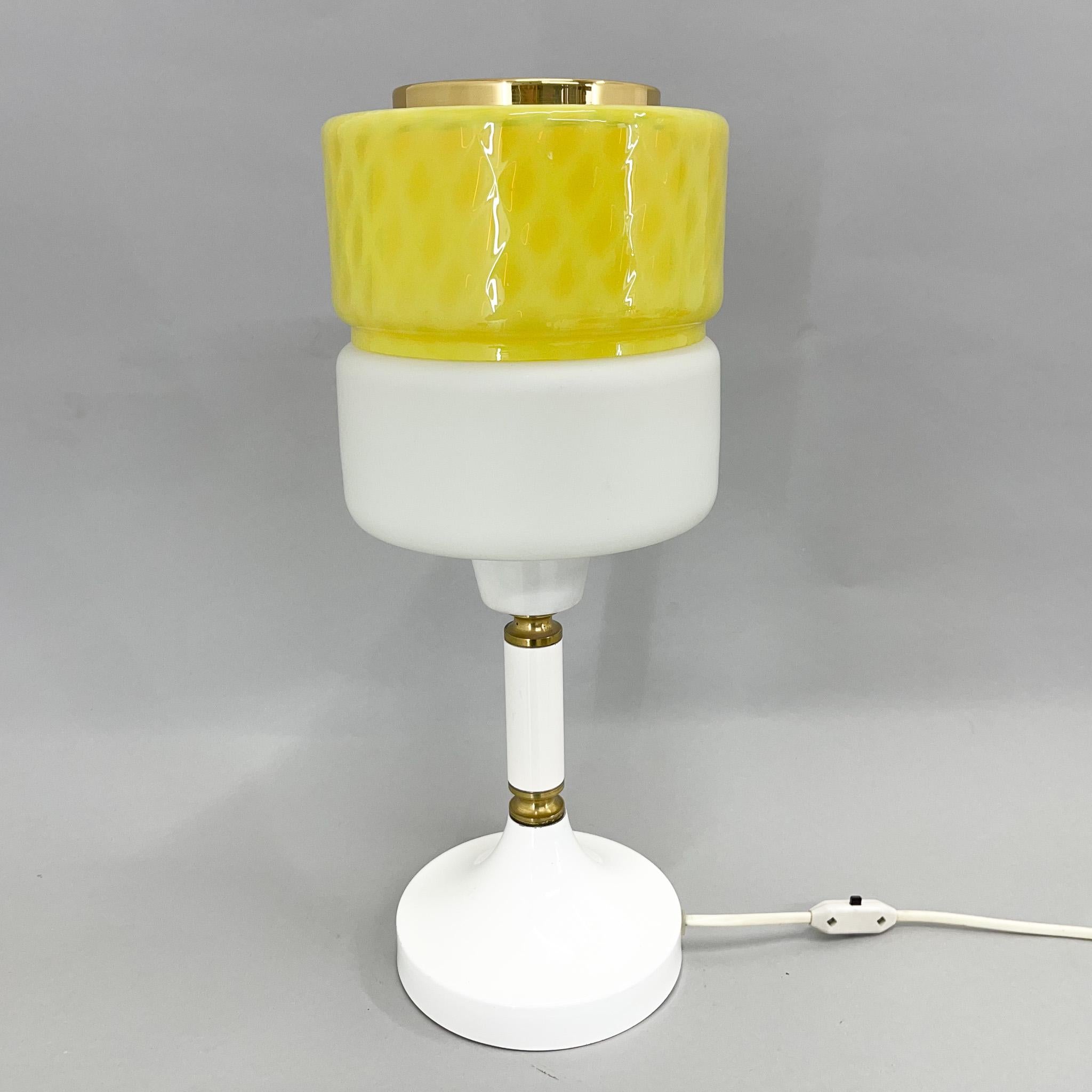 20th Century 1970s Tall Yellow & White Glass Table Lamp with Brass Details by Drukov, Marked For Sale