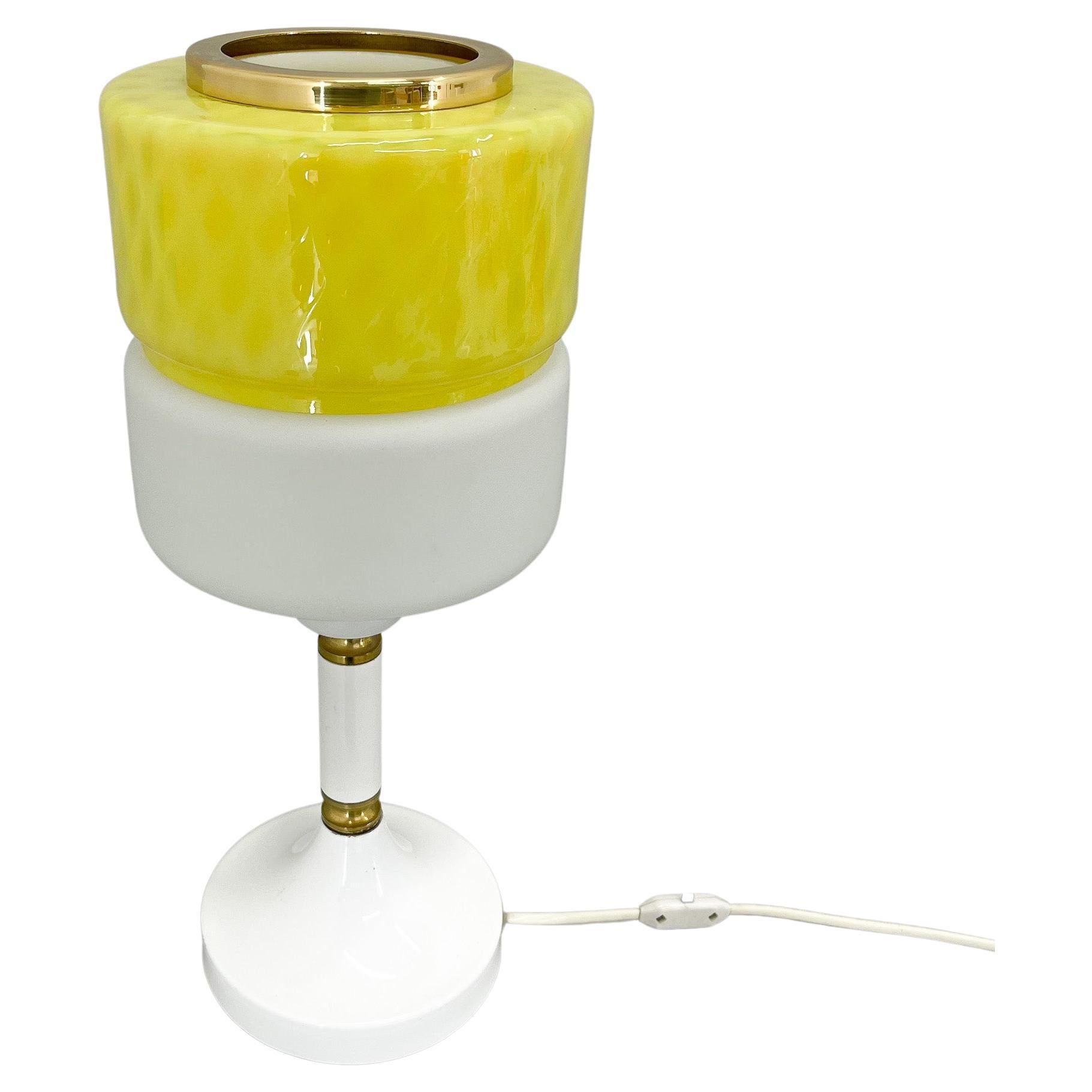 1970s Tall Yellow & White Glass Table Lamp with Brass Details by Drukov, Marked For Sale