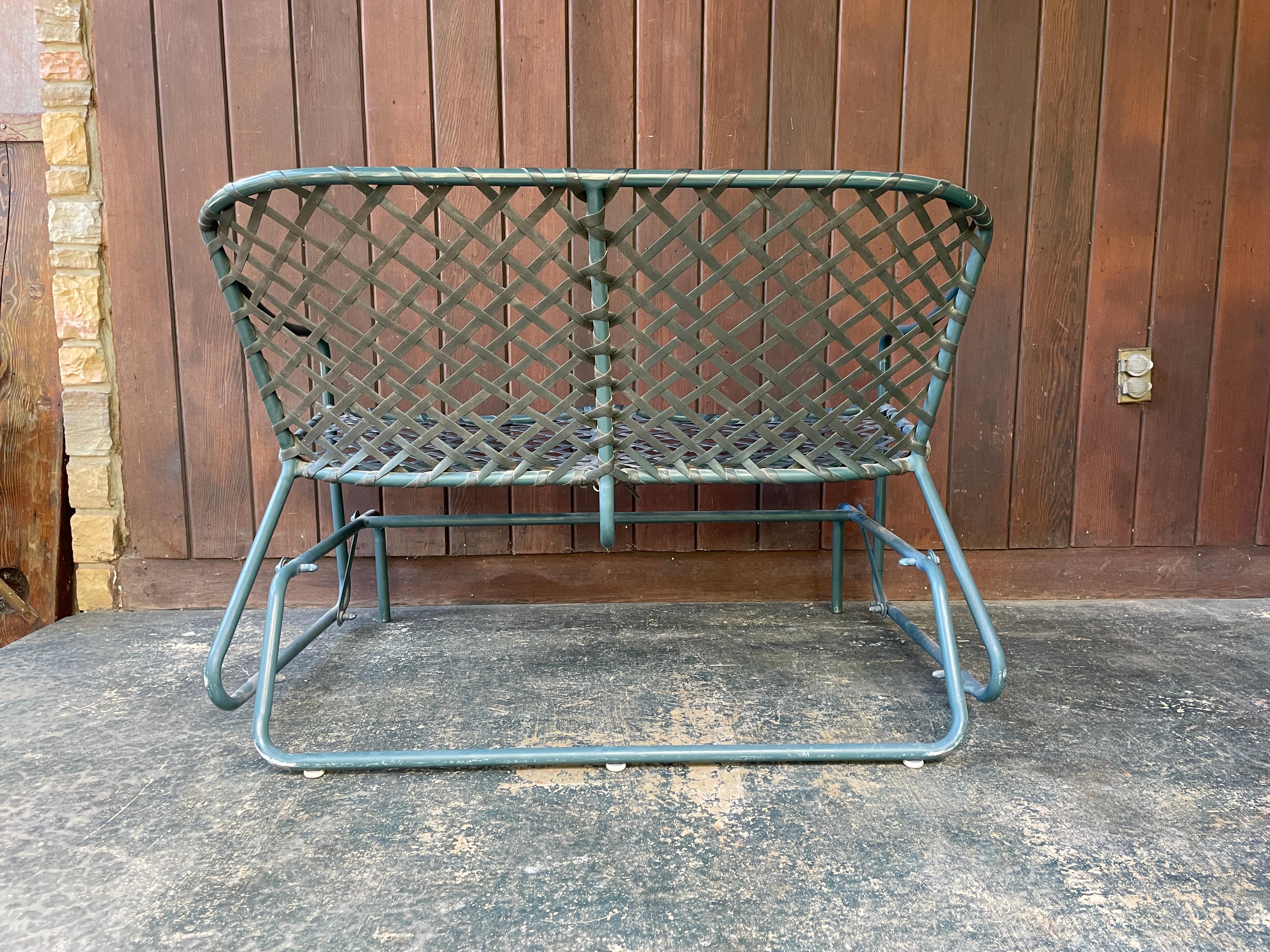 1970s Tamiami Glider Settee Loveseat Deep Sea Green & Black Webbing Brown Jordan For Sale 2