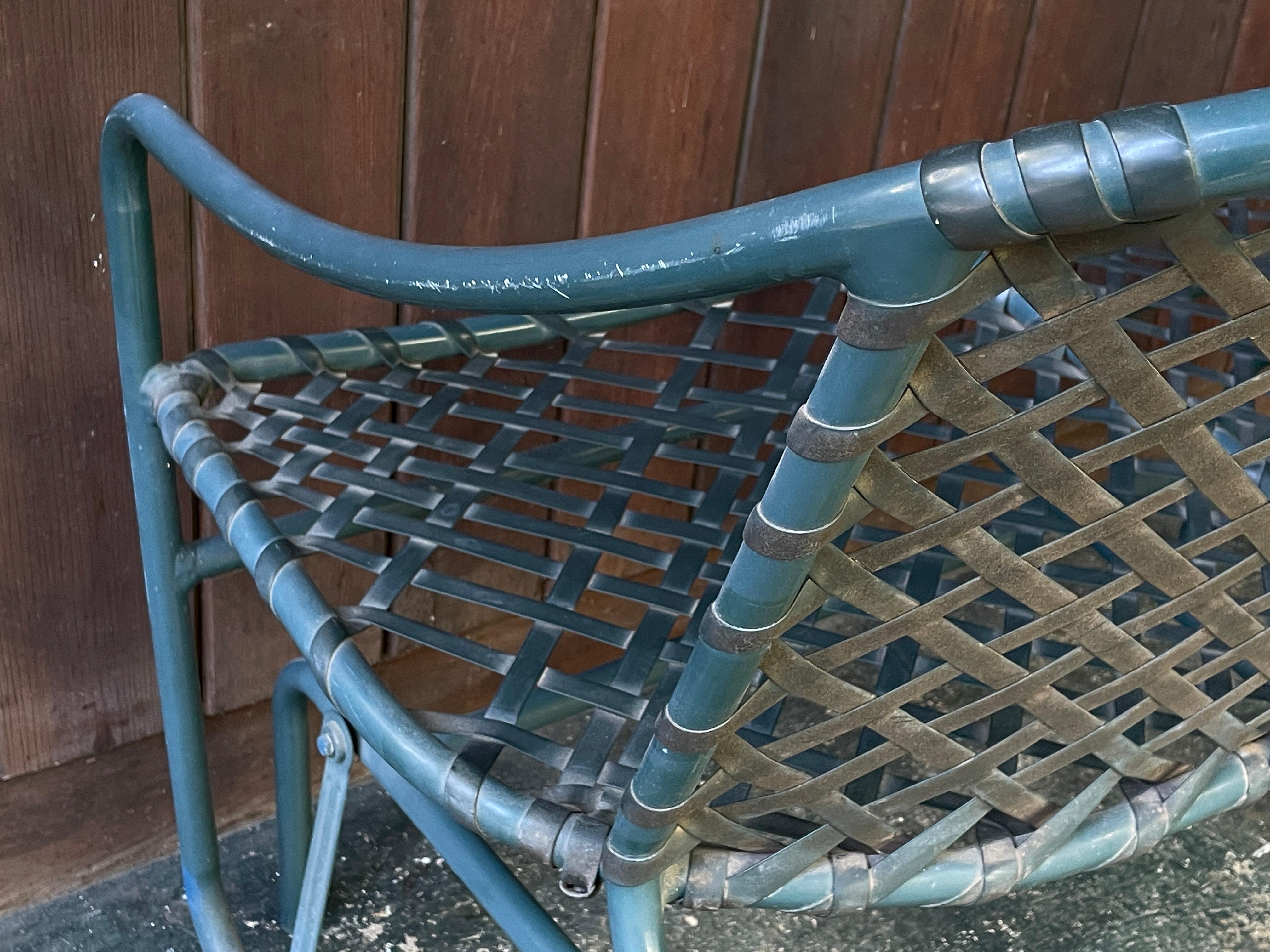 1970s Tamiami Glider Settee Loveseat Deep Sea Green & Black Webbing Brown Jordan For Sale 3