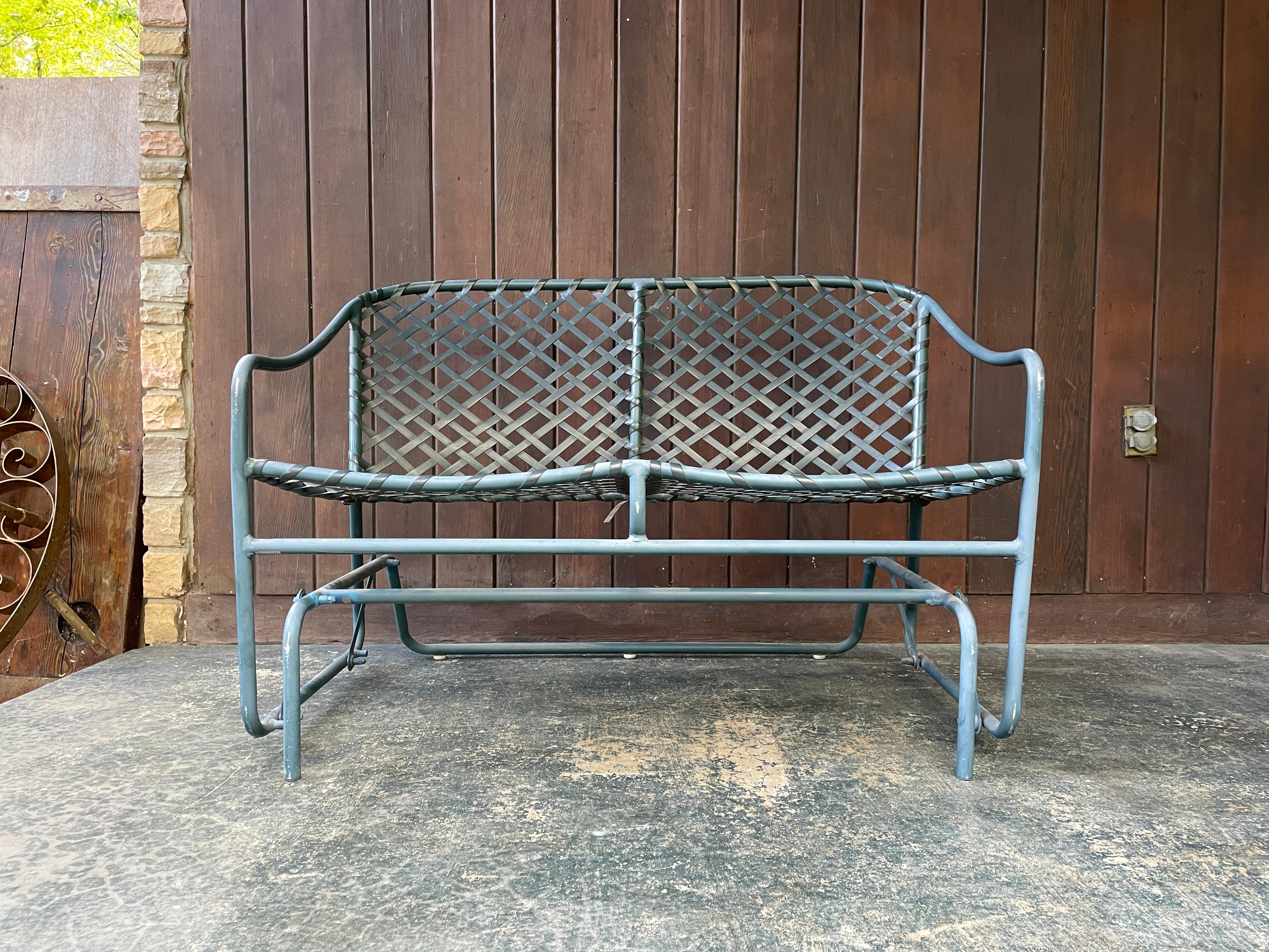 Mid-Century Modern 1970s Tamiami Glider Settee Loveseat Deep Sea Green & Black Webbing Brown Jordan For Sale