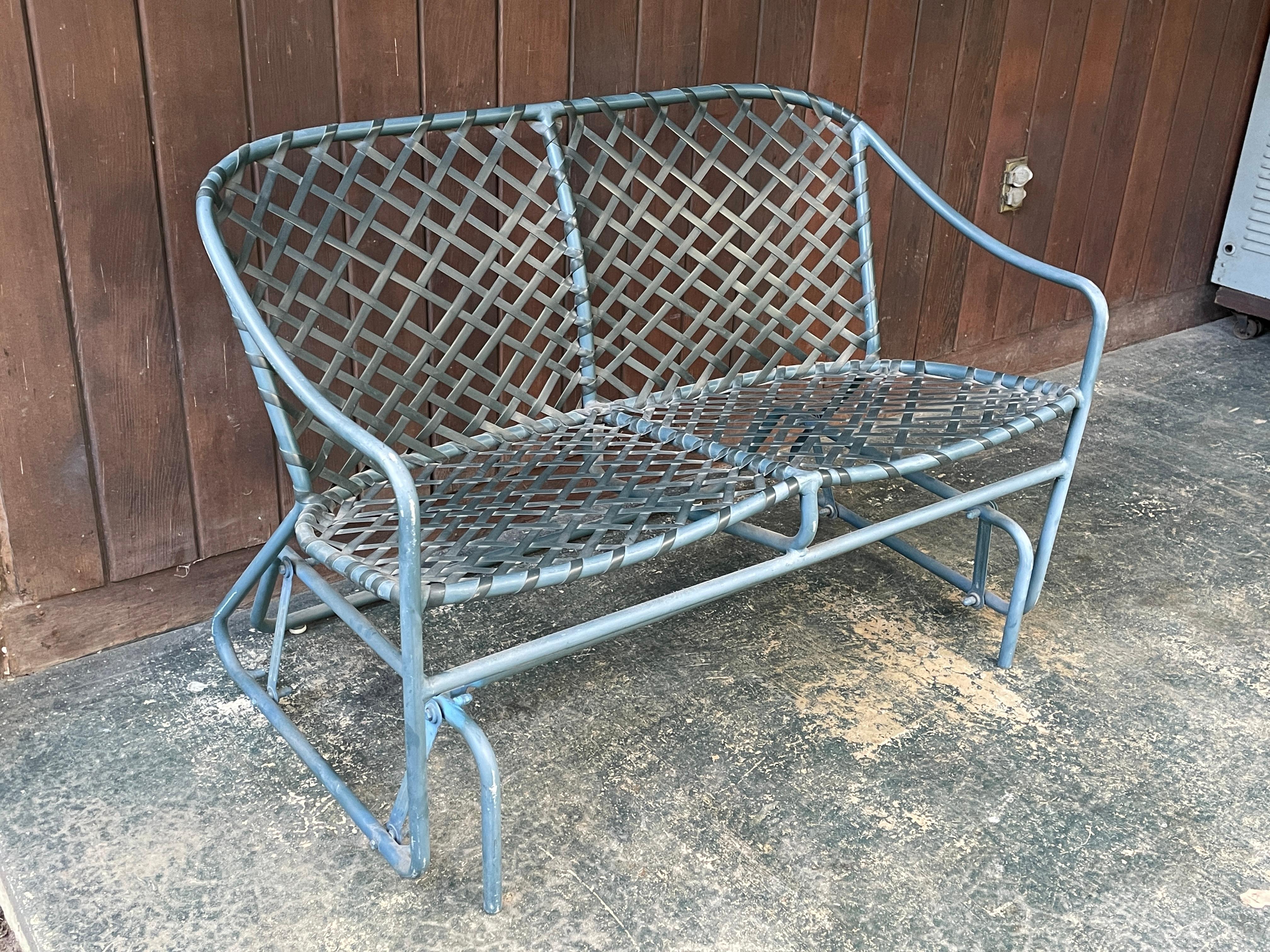 Painted 1970s Tamiami Glider Settee Loveseat Deep Sea Green & Black Webbing Brown Jordan For Sale