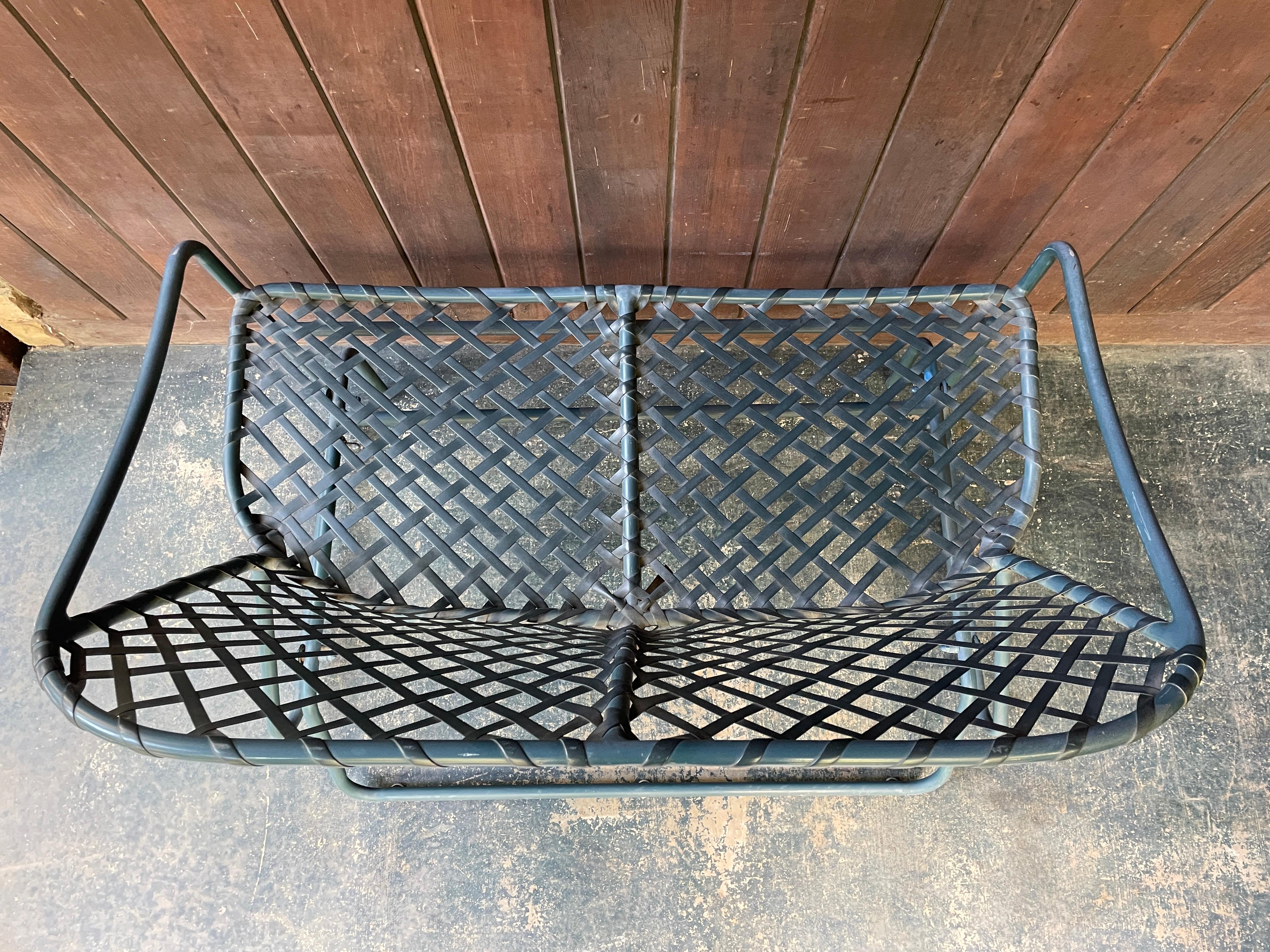 1970s Tamiami Glider Settee Loveseat Deep Sea Green & Black Webbing Brown Jordan In Distressed Condition For Sale In Hyattsville, MD