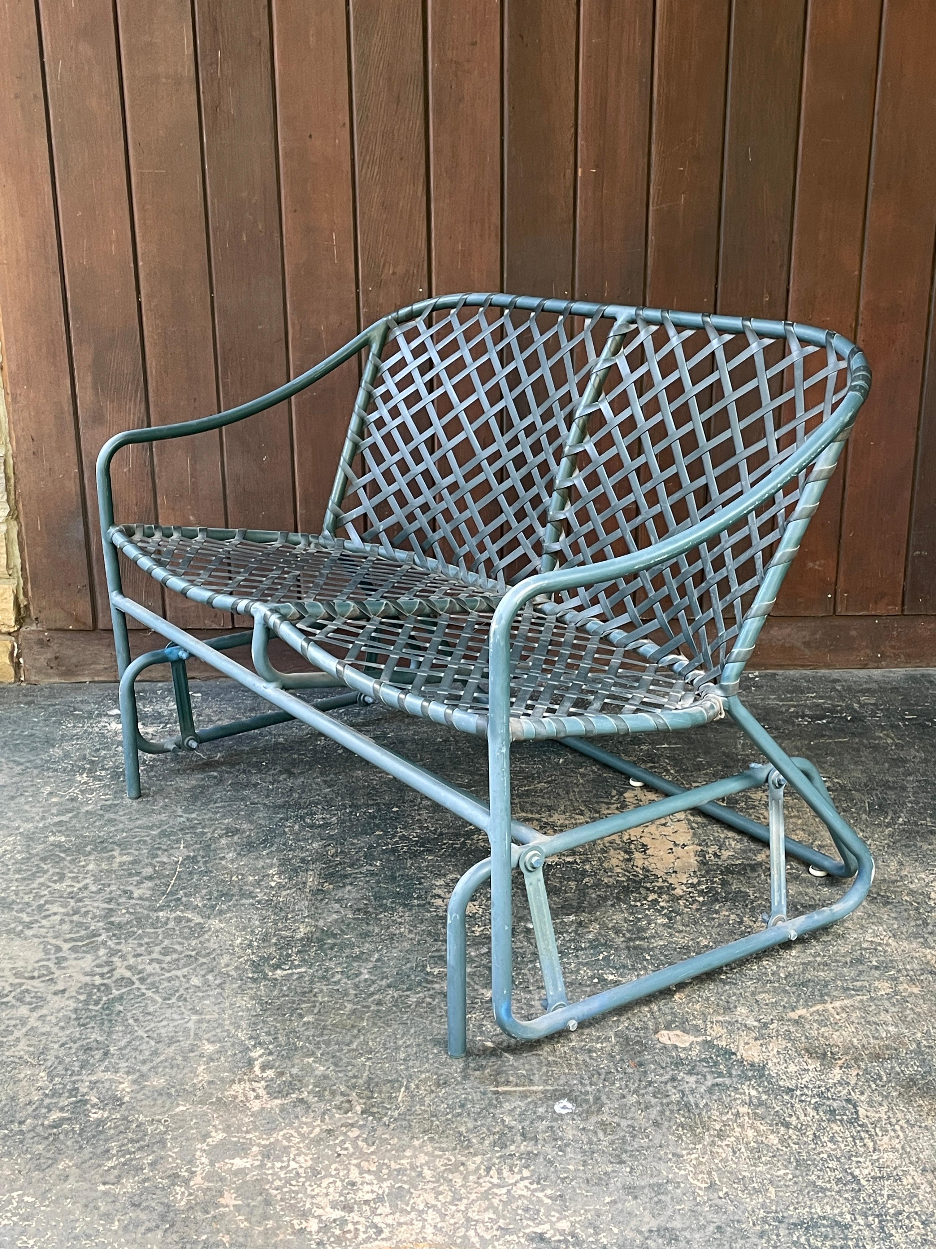 Late 20th Century 1970s Tamiami Glider Settee Loveseat Deep Sea Green & Black Webbing Brown Jordan For Sale