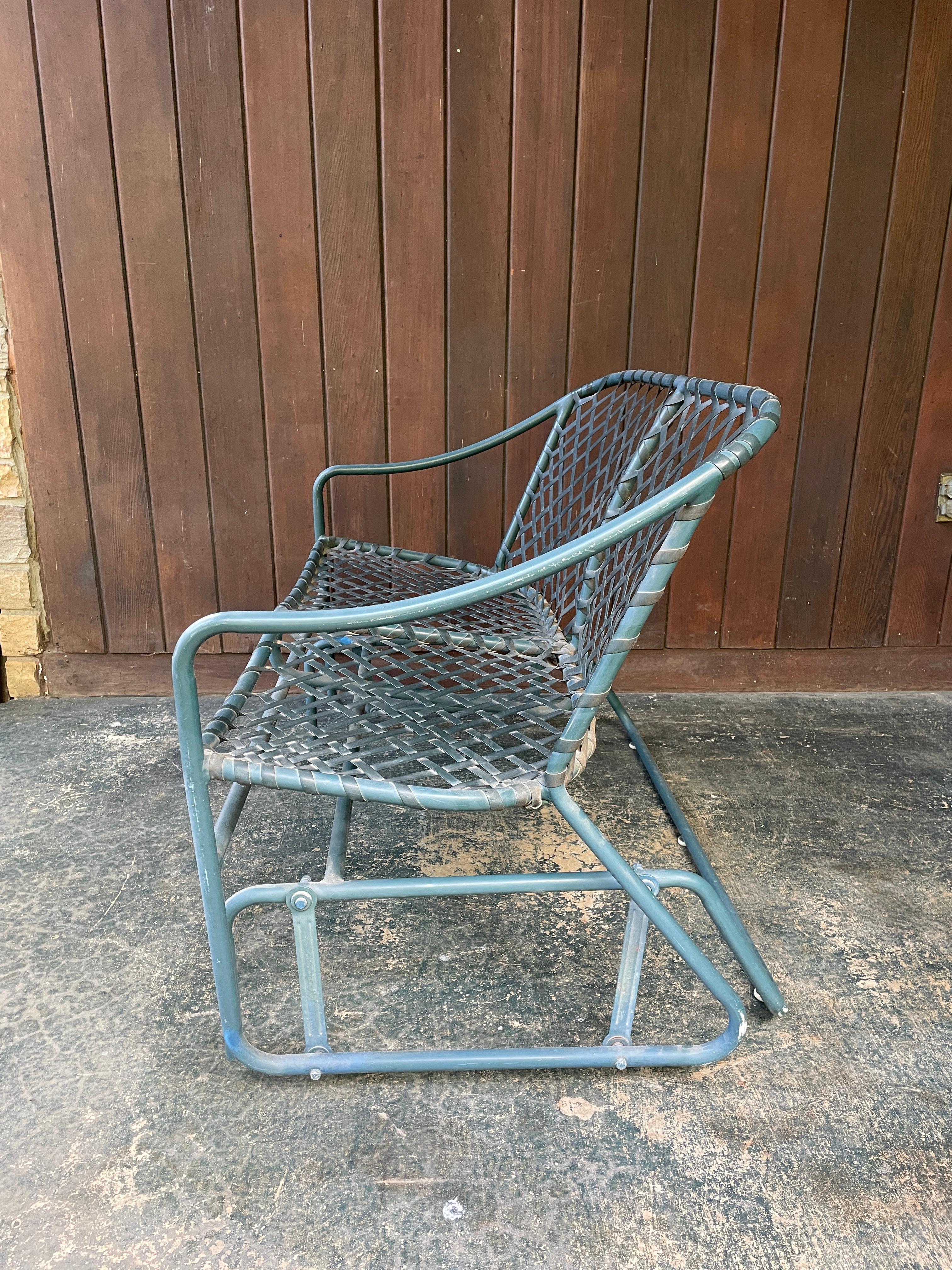 Aluminum 1970s Tamiami Glider Settee Loveseat Deep Sea Green & Black Webbing Brown Jordan For Sale