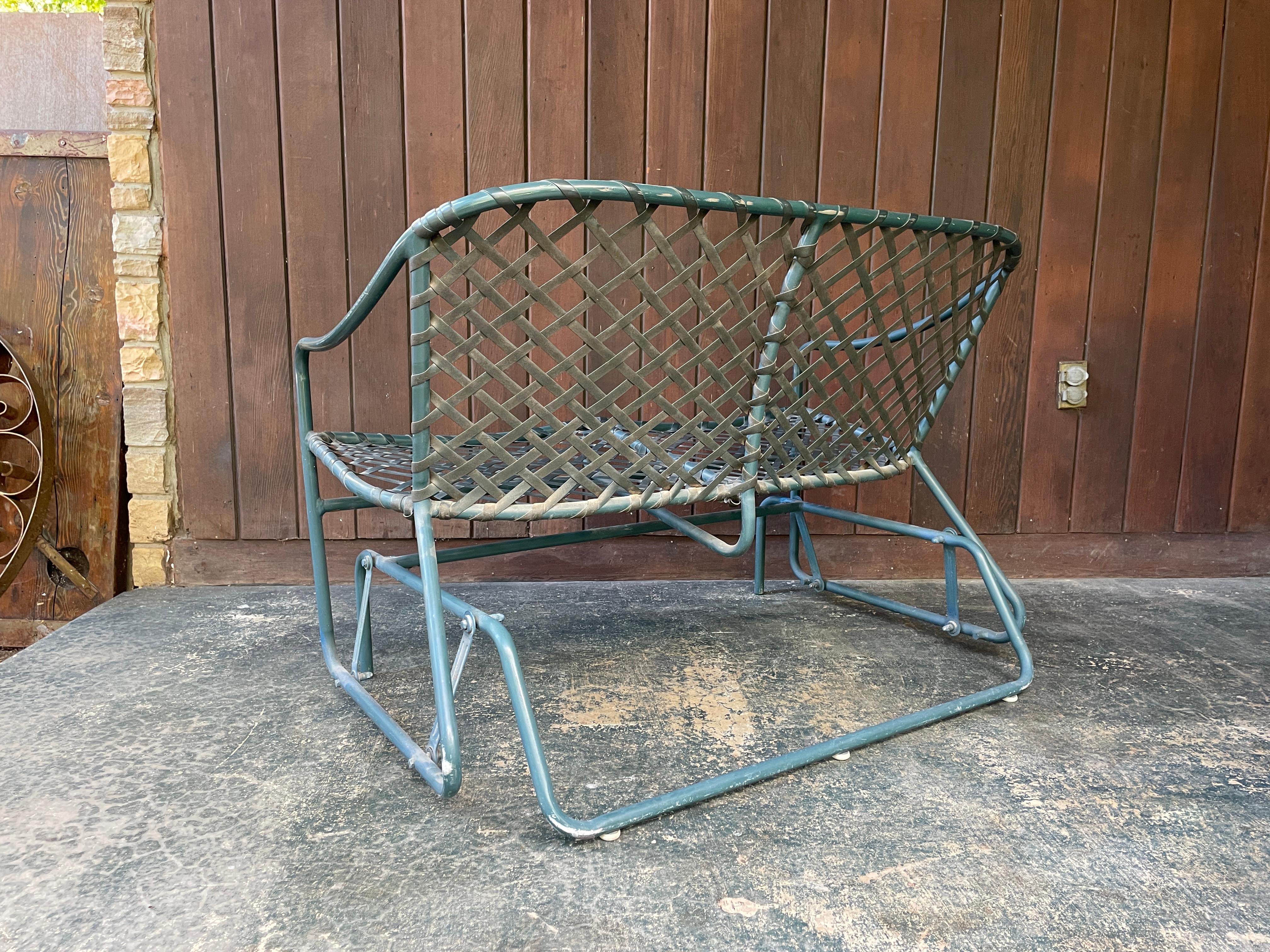 1970s Tamiami Glider Settee Loveseat Deep Sea Green & Black Webbing Brown Jordan For Sale 1