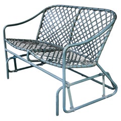 1970s Tamiami Glider Settee Loveseat Deep Sea Green & Black Webbing Brown Jordan
