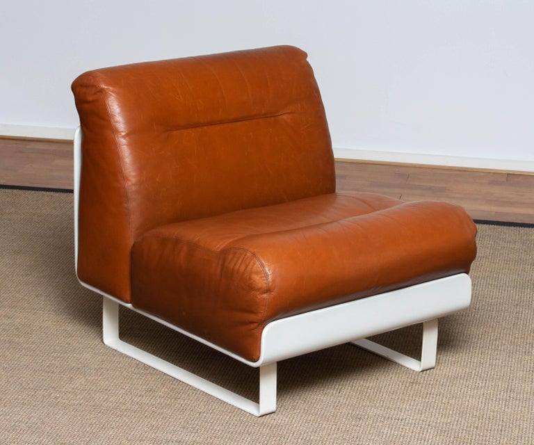 German 1970's Tan / Cognac Leather Lounge / Club Chair with White Shell 'Orbis' by COR For Sale