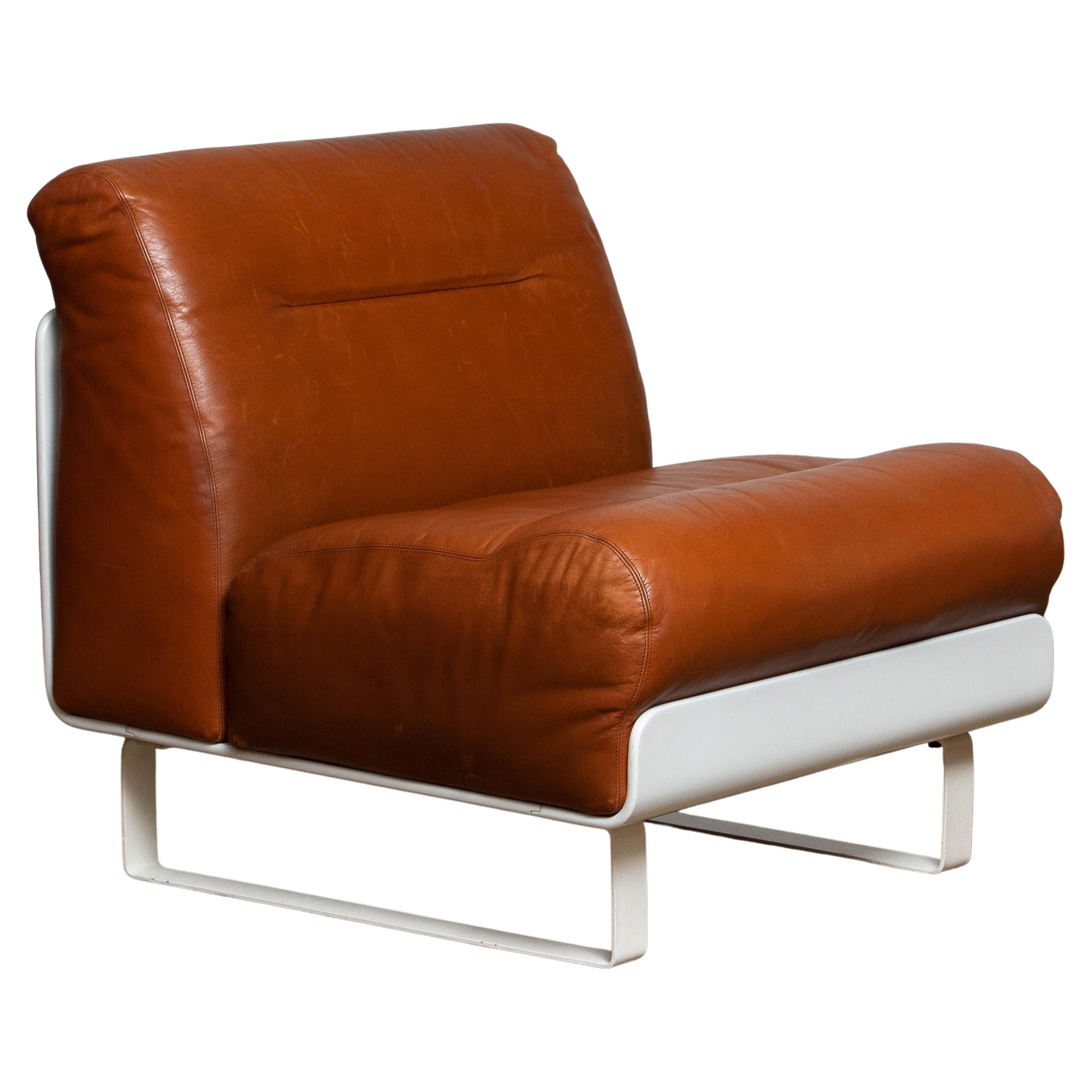 Fauteuil de salon / fauteuil club en cuir brun clair / cognac avec coquille blanche Orbis des années 1970 par COR