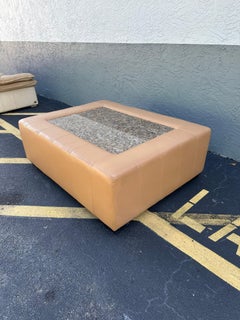 1970s Tan Leather Monumental Granite Stone Inlay Coffee Table on Castors
