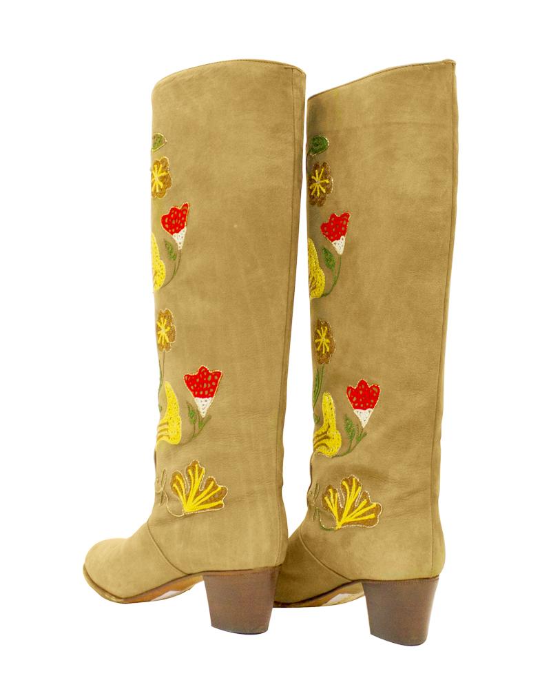 Brown 1970s Tan Suede Floral Embroidery Boots For Sale