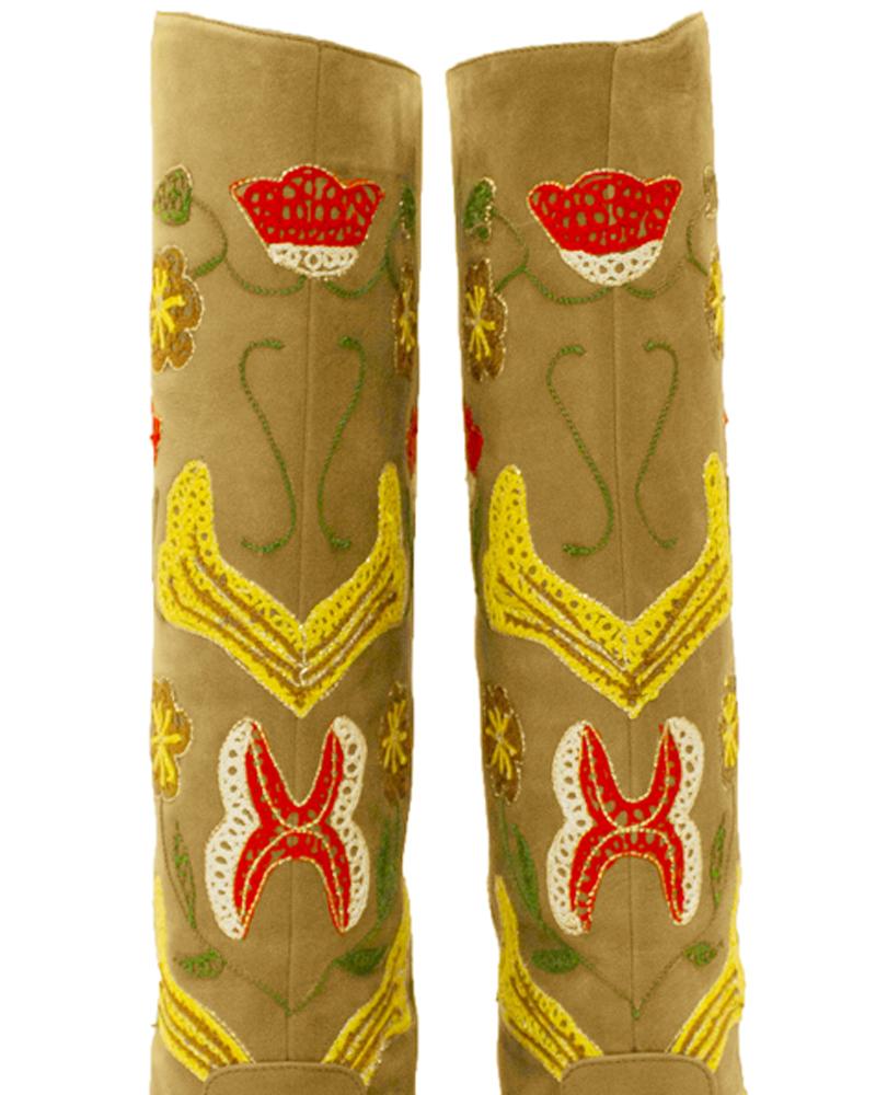 Women's 1970s Tan Suede Floral Embroidery Boots For Sale