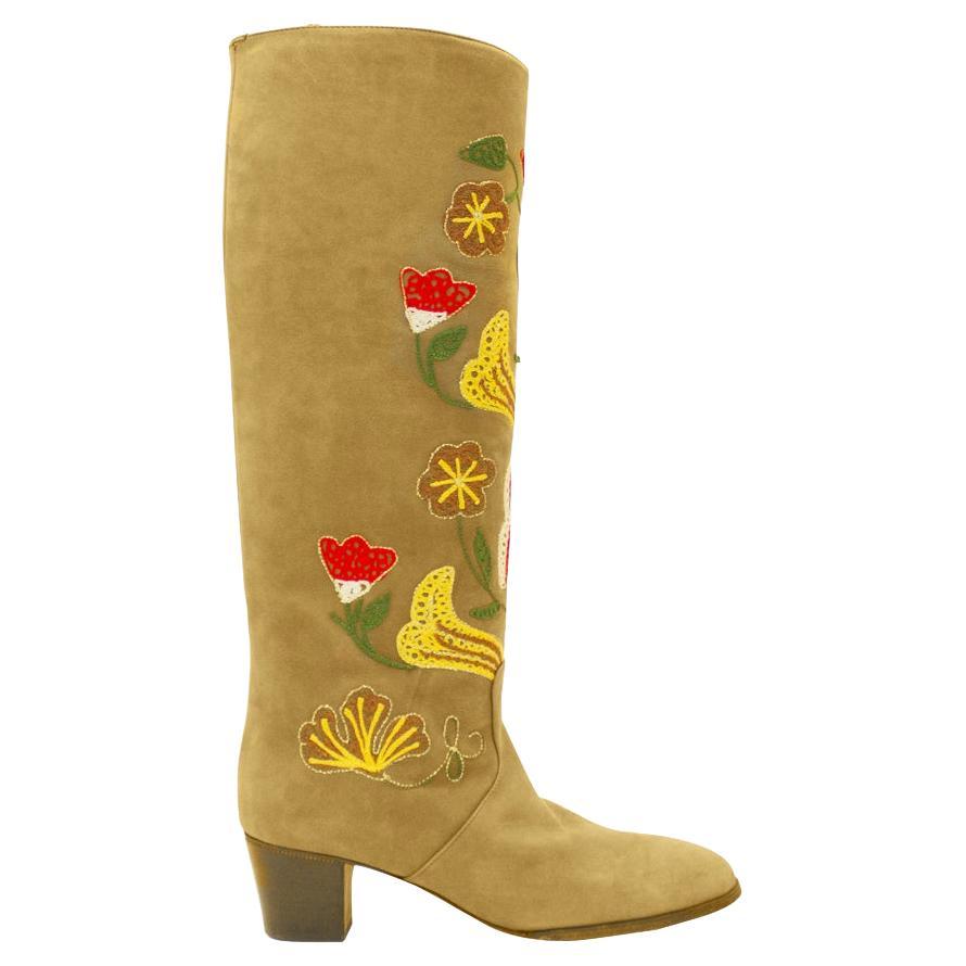 1970s Tan Suede Floral Embroidery Boots For Sale