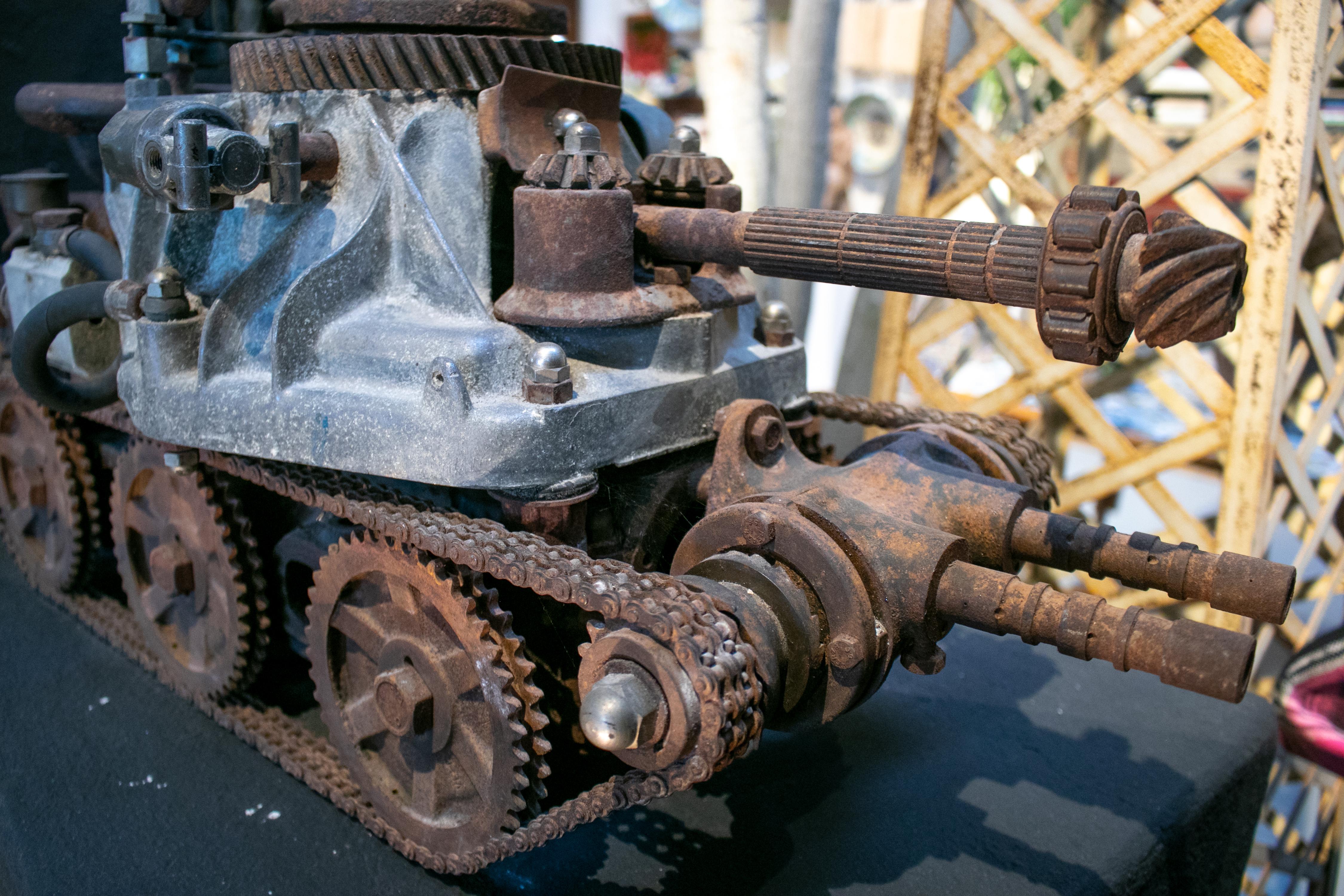 Iron 1970s Tank with Cannon Sculpture Made with Assorted Old Mechanical Metal Pieces For Sale