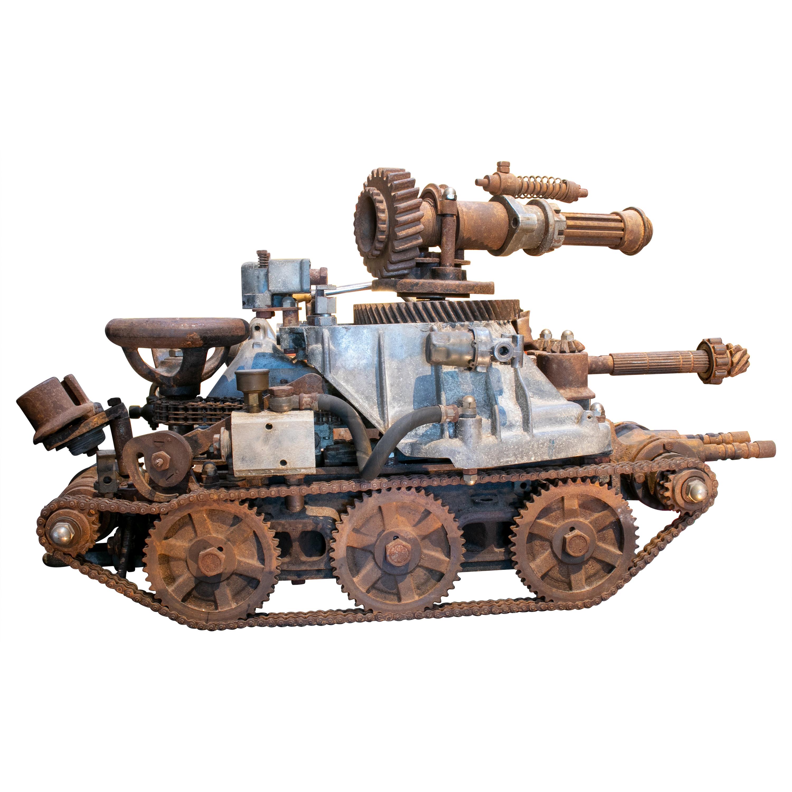 1970s Tank with Cannon Sculpture Made with Assorted Old Mechanical Metal Pieces