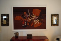 Arazzo anni '70 di Claude Prévost, design bianco e arancione, Francia