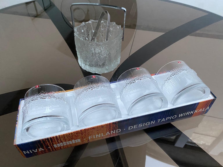 1970's Tapio Wirkkala 4 Niva Whiskey glasses + Seita Ice Bucket