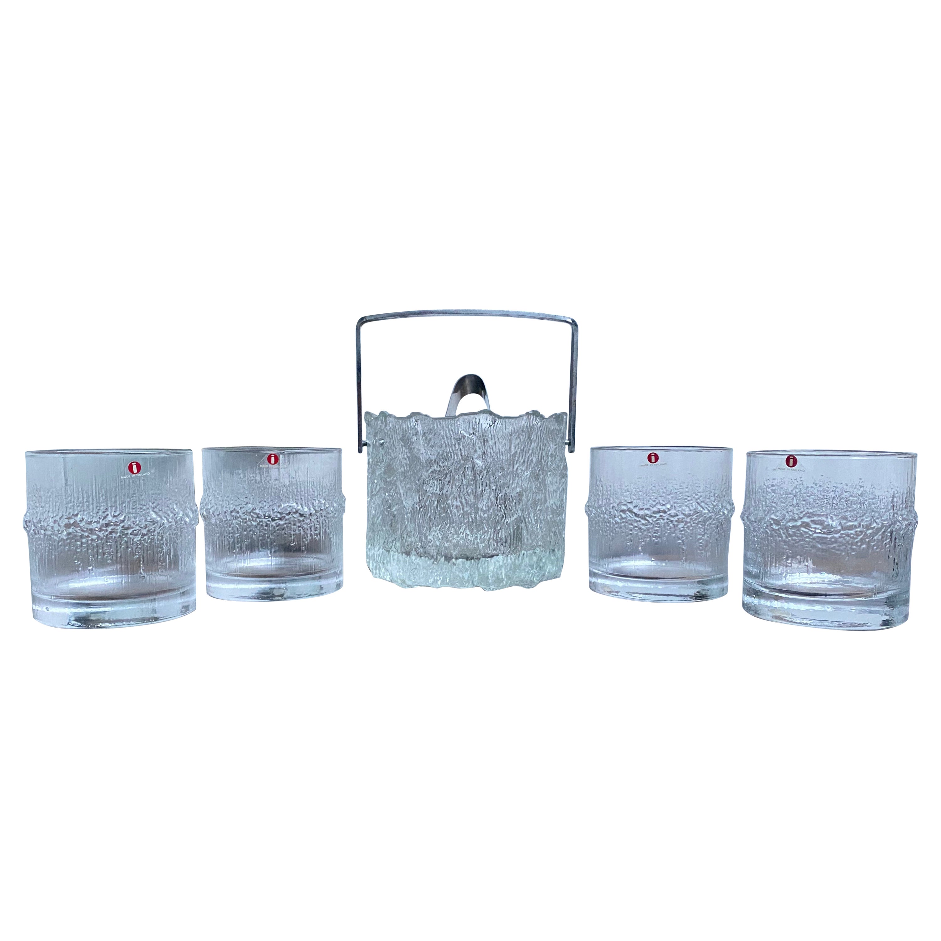 1970's Tapio Wirkkala 4 Niva Whiskey glasses + Seita Ice Bucket Iittala Finland