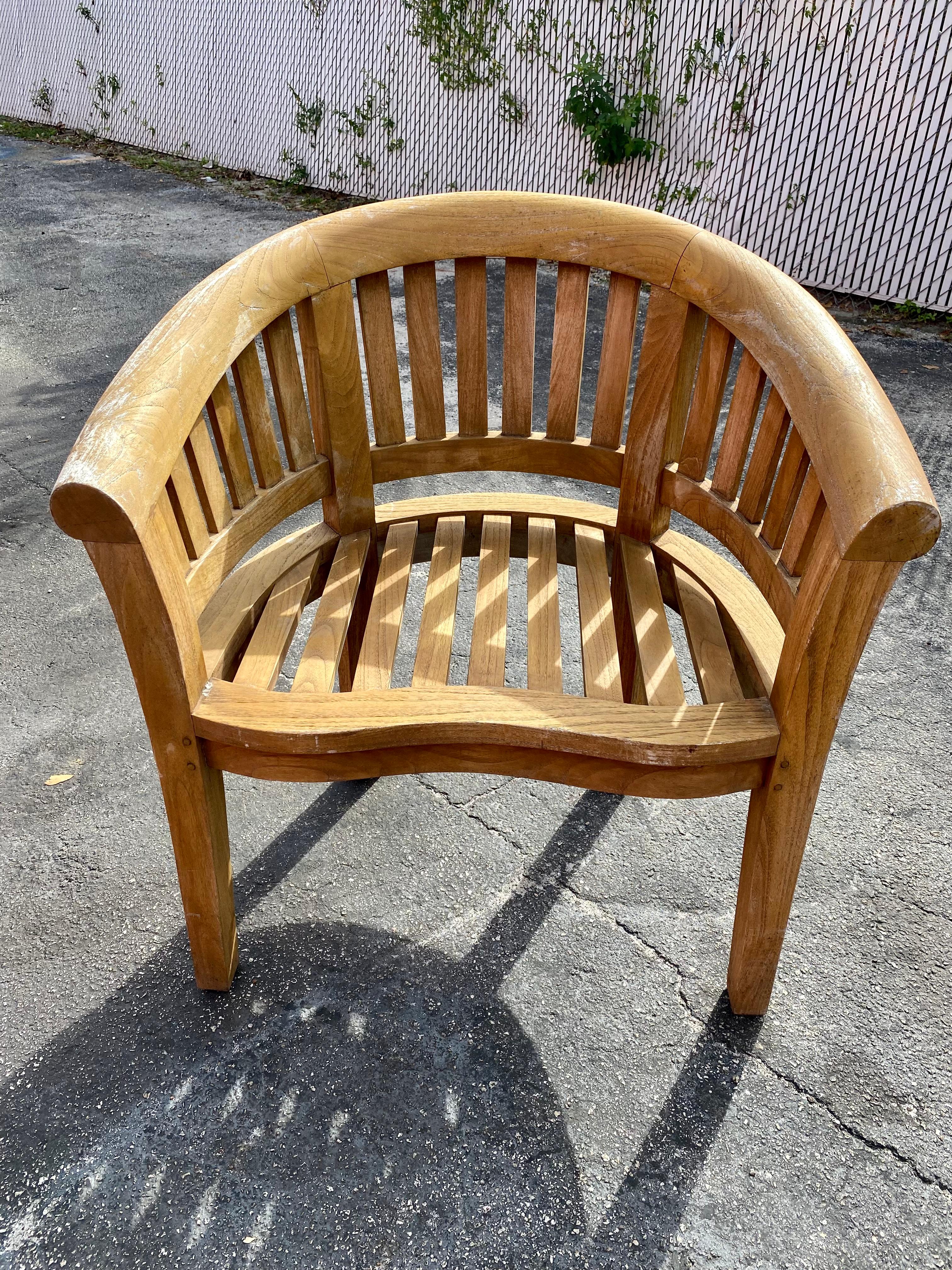 1970s Teak Curved Barrel Kidney Slatted Settee Table Chairs, Set of 4 For Sale 3