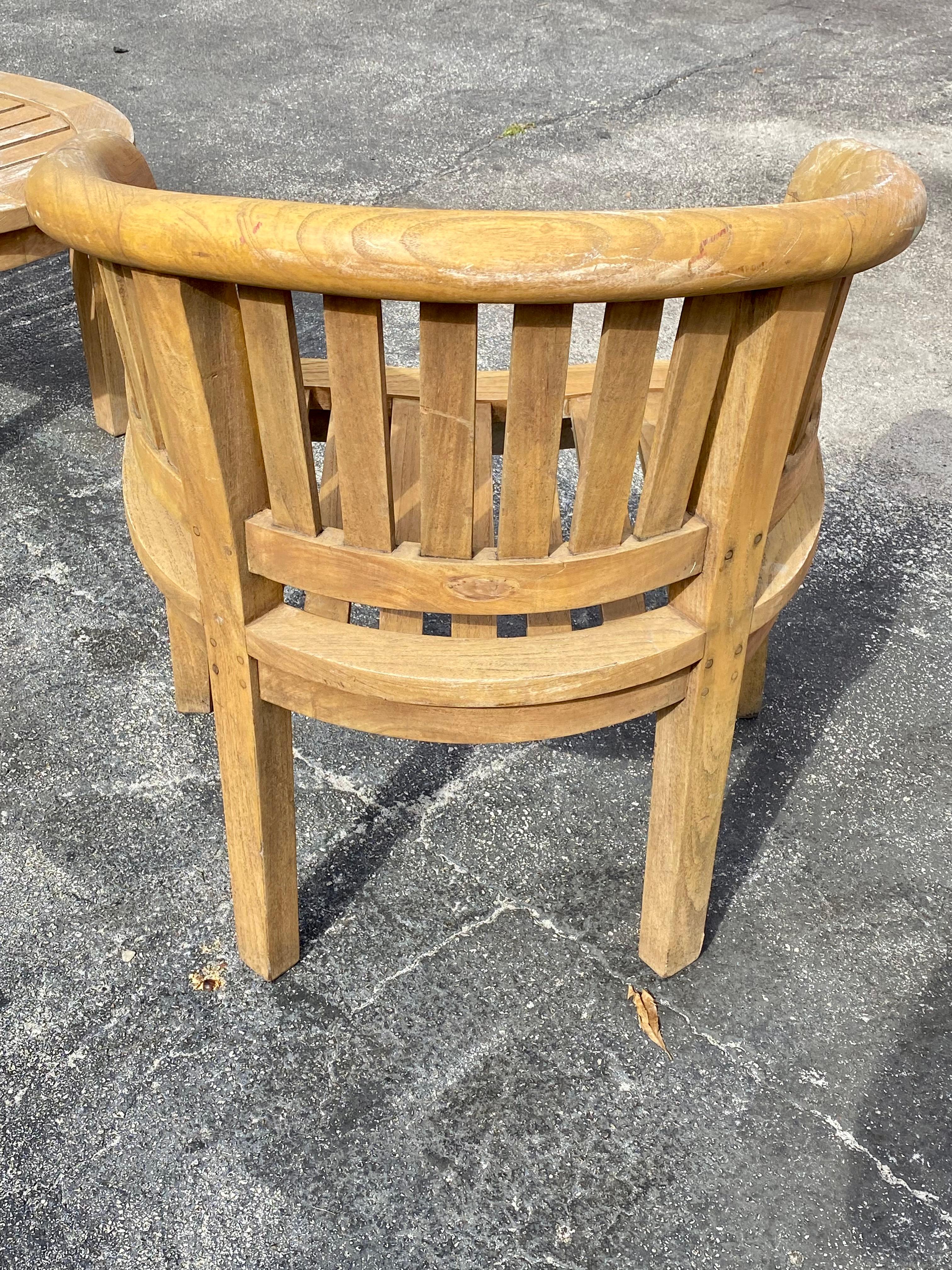 1970s Teak Curved Barrel Kidney Slatted Settee Table Chairs, Set of 4 For Sale 4