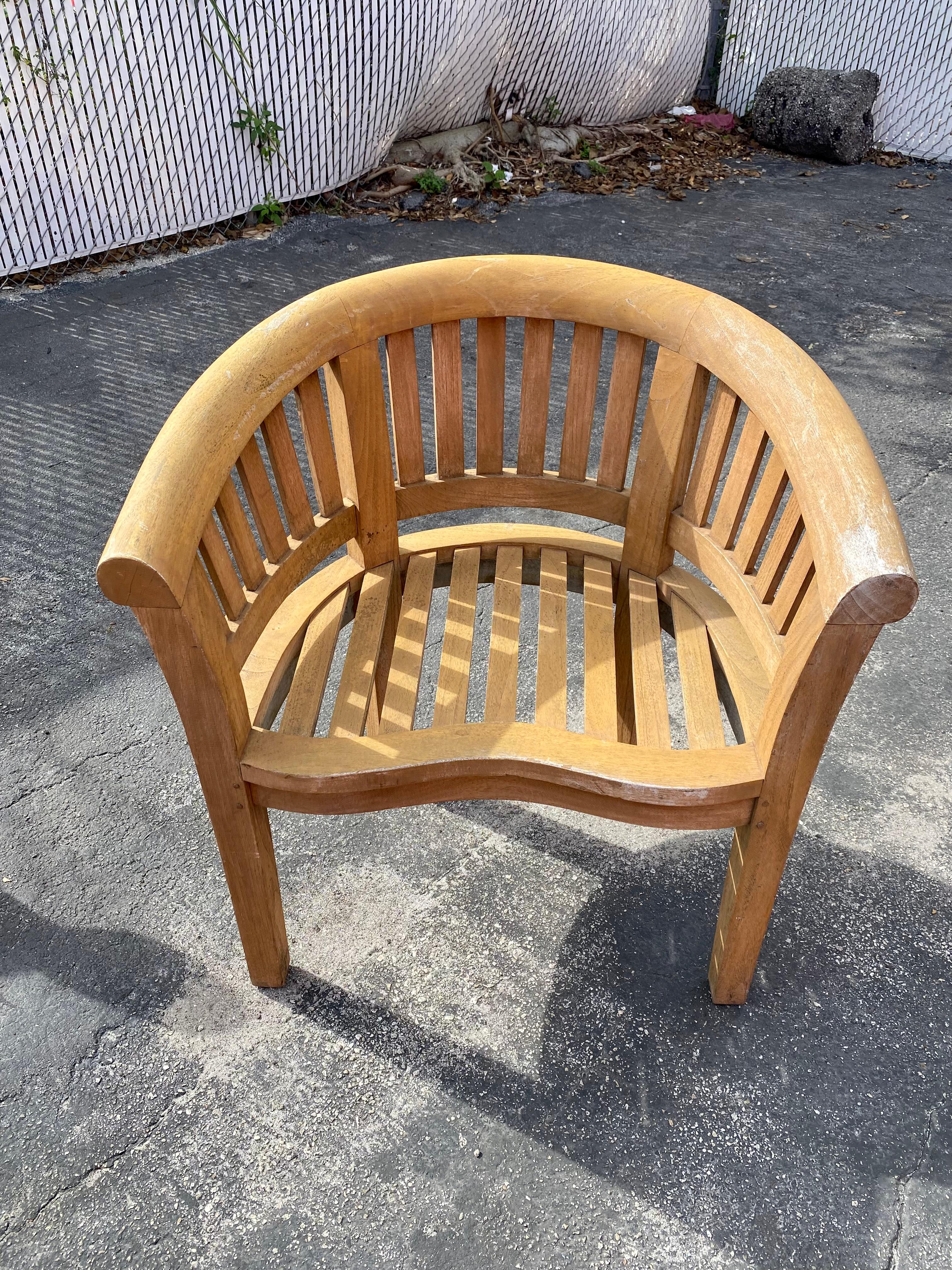 1970s Teak Curved Barrel Kidney Slatted Settee Table Chairs, Set of 4 For Sale 5