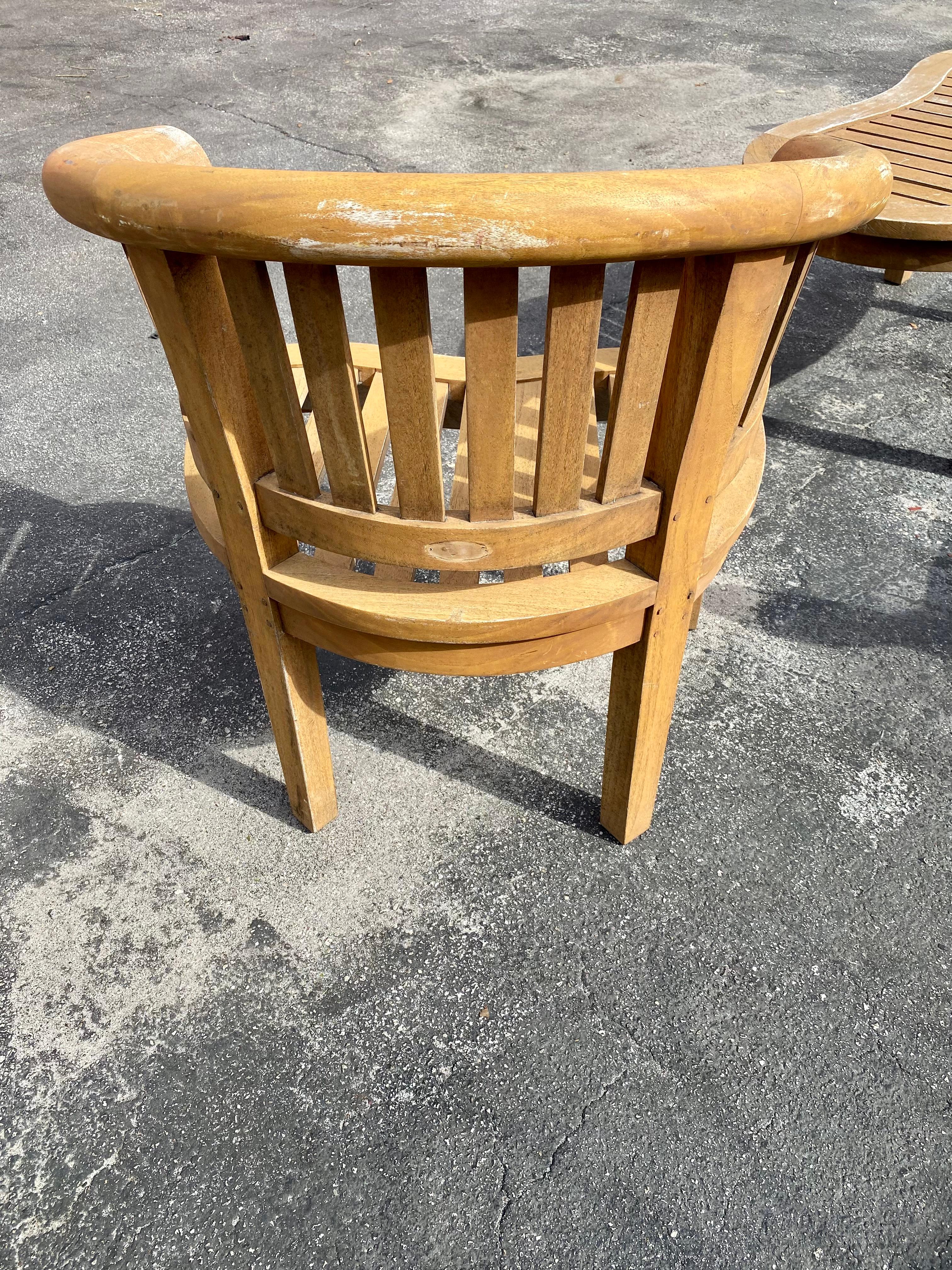 1970s Teak Curved Barrel Kidney Slatted Settee Table Chairs, Set of 4 For Sale 6