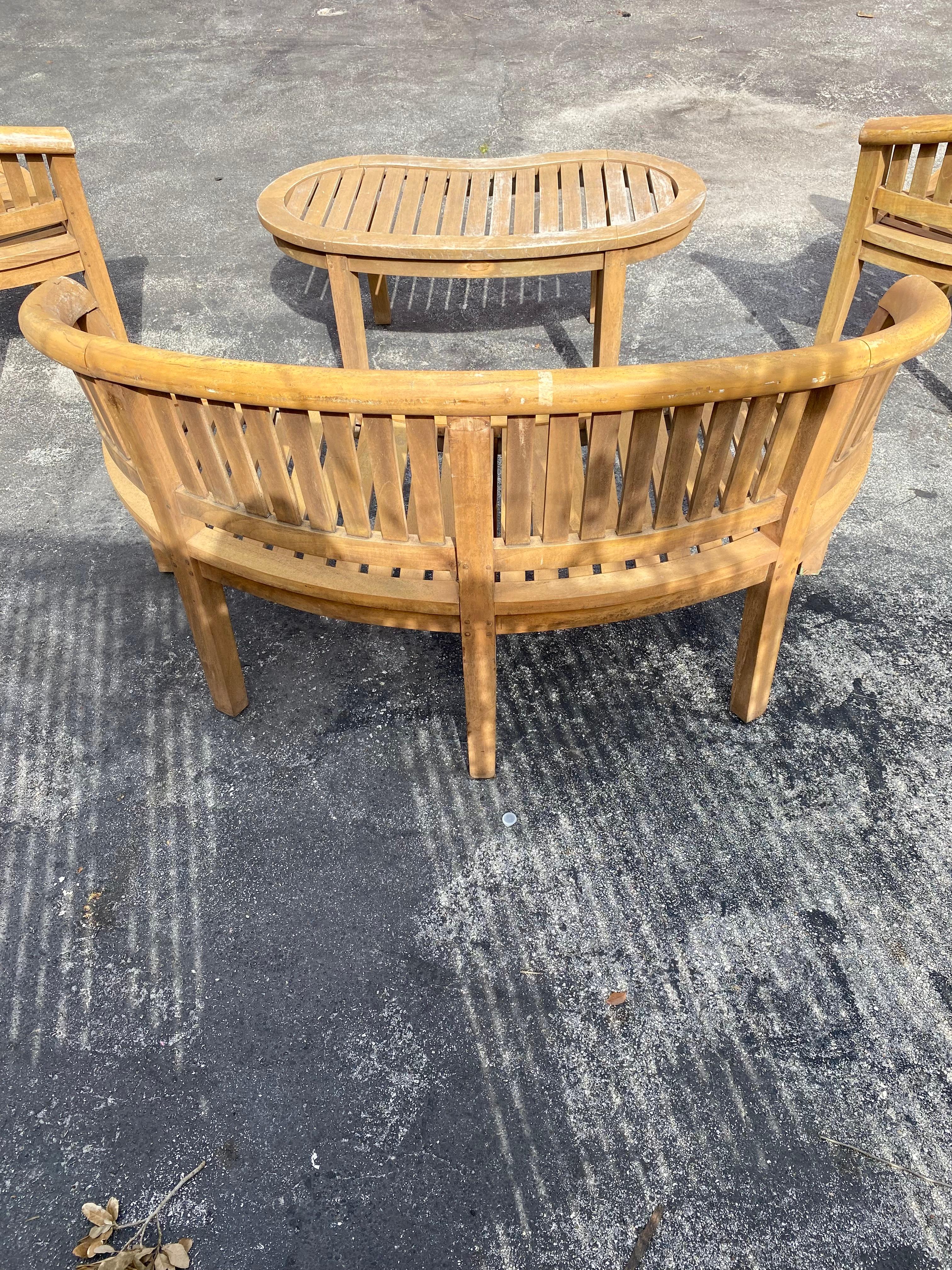 1970s Teak Curved Barrel Kidney Slatted Settee Table Chairs, Set of 4 For Sale 7