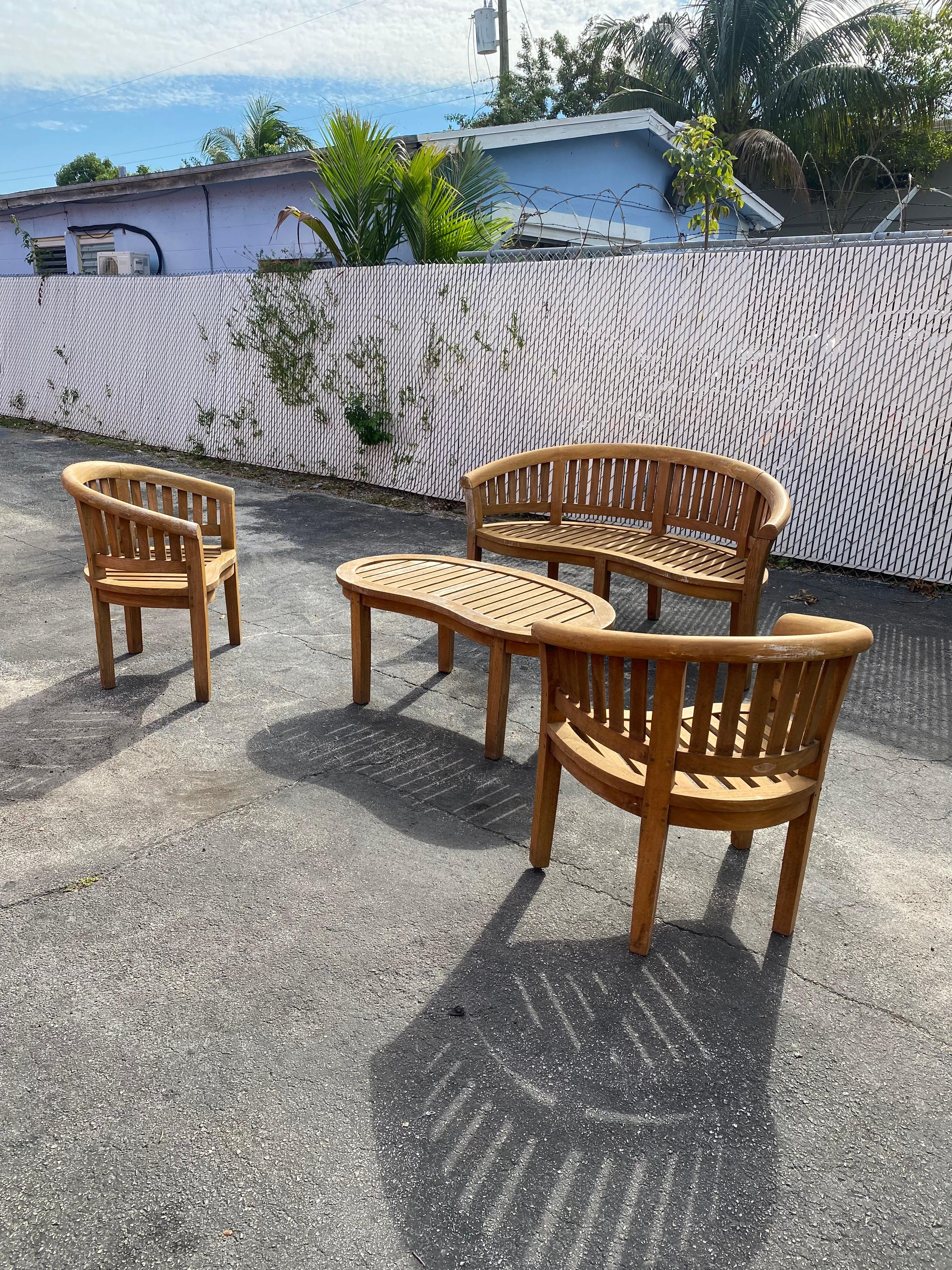 Danish 1970s Teak Curved Barrel Kidney Slatted Settee Table Chairs, Set of 4 For Sale