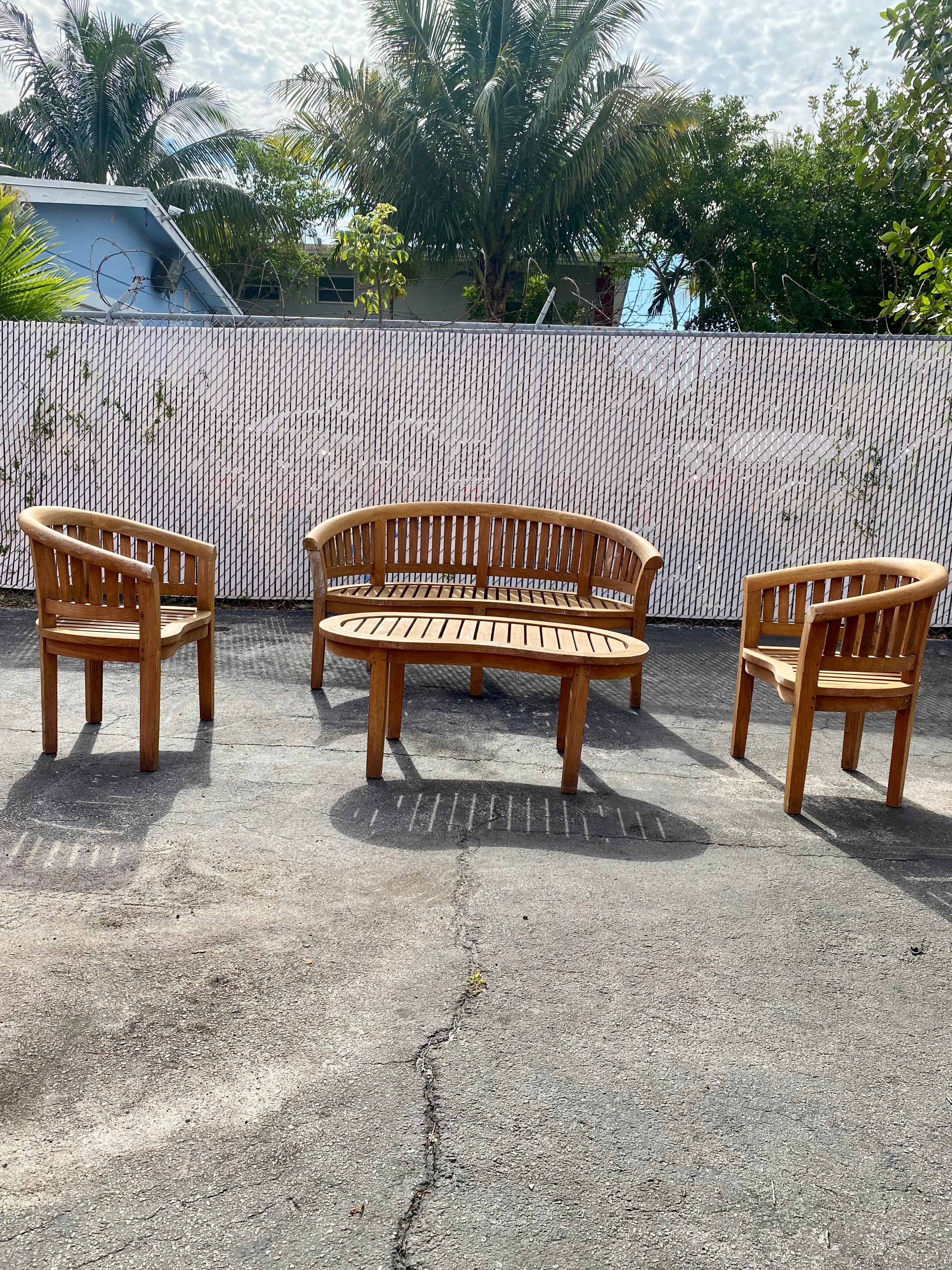 Late 20th Century 1970s Teak Curved Barrel Kidney Slatted Settee Table Chairs, Set of 4 For Sale