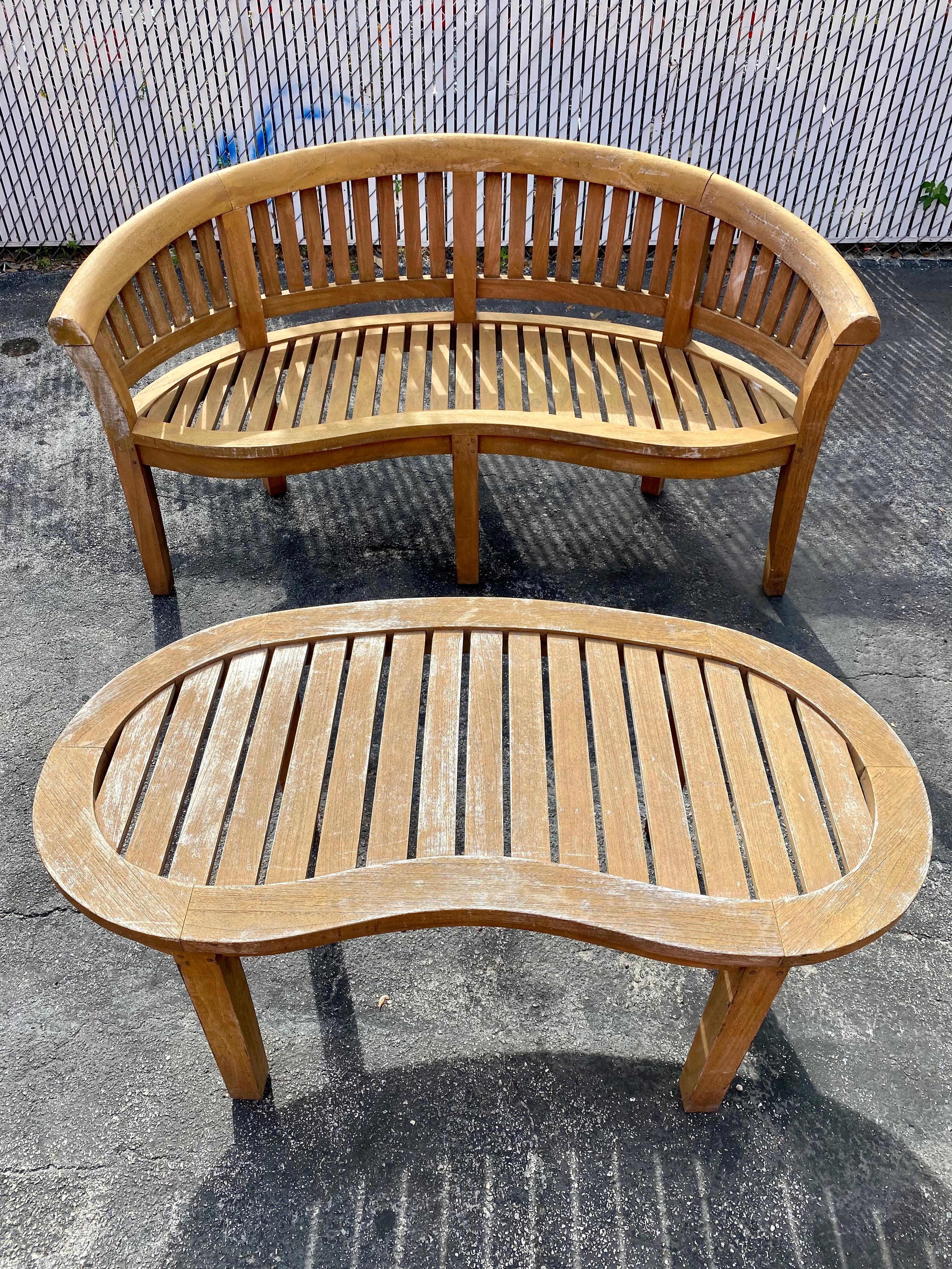 1970s Teak Curved Barrel Kidney Slatted Settee Table Chairs, Set of 4 For Sale 1