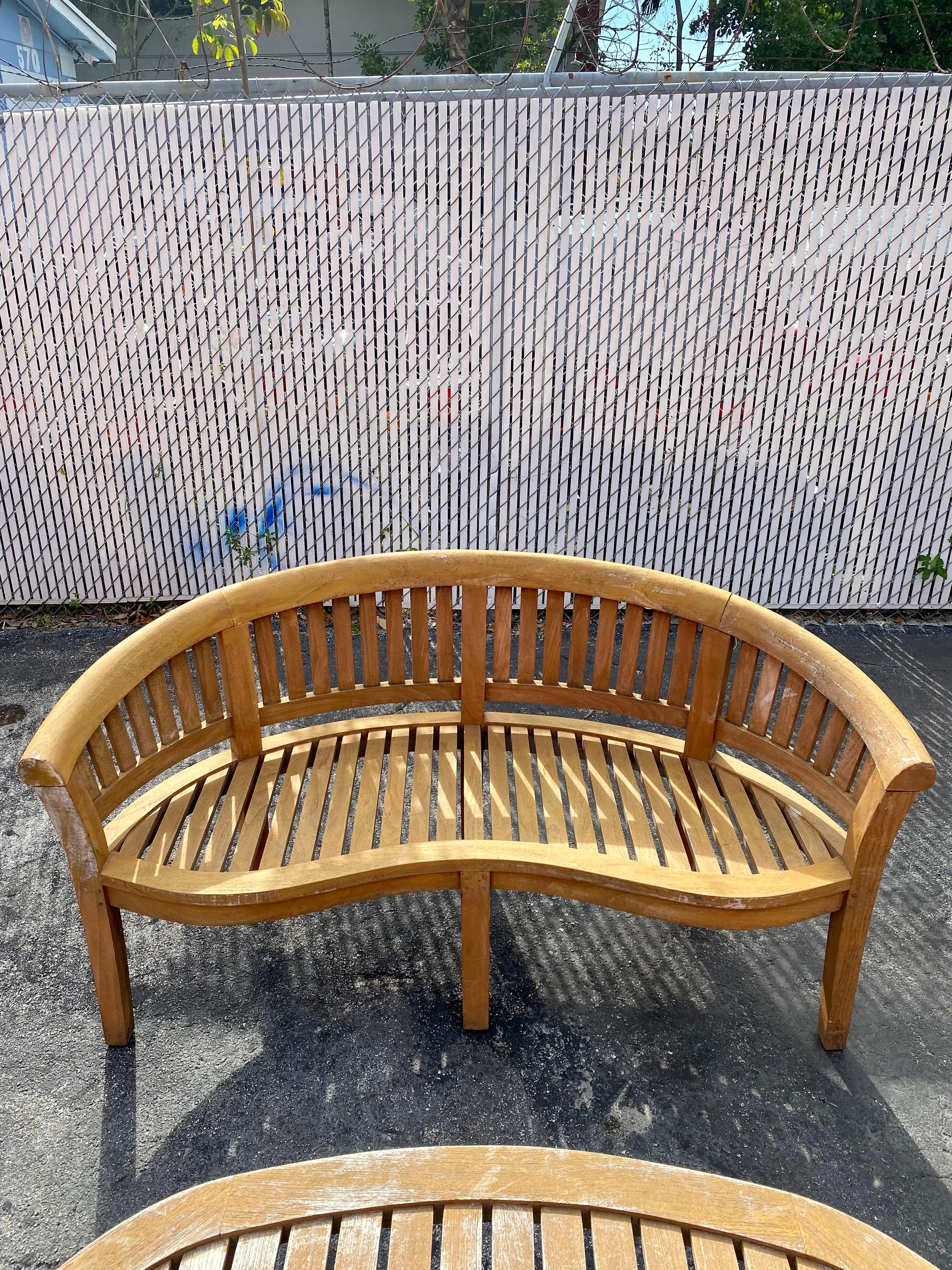 1970s Teak Curved Barrel Kidney Slatted Settee Table Chairs, Set of 4 For Sale 2