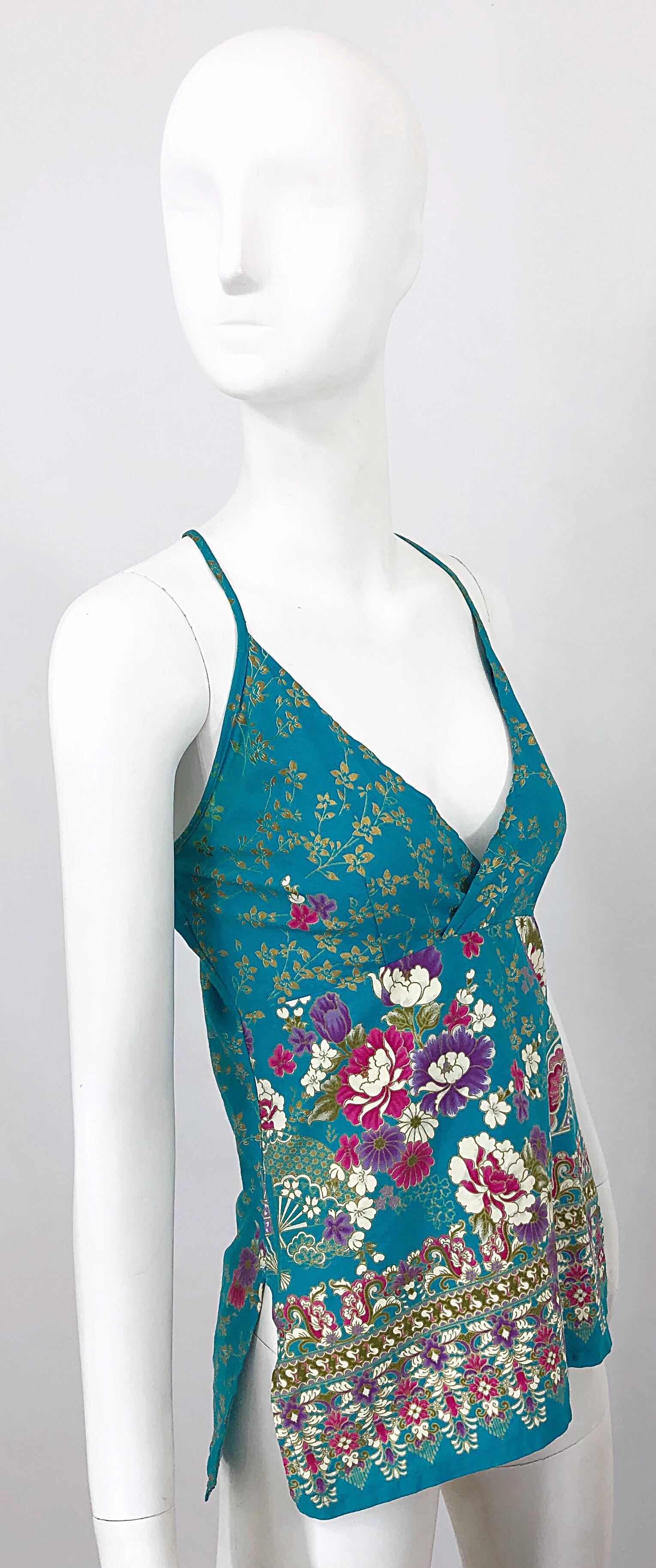 1970s Teal Blue + Gold + Pink Hand Painted Boho Vintage 70s Halter Top Shirt For Sale 3