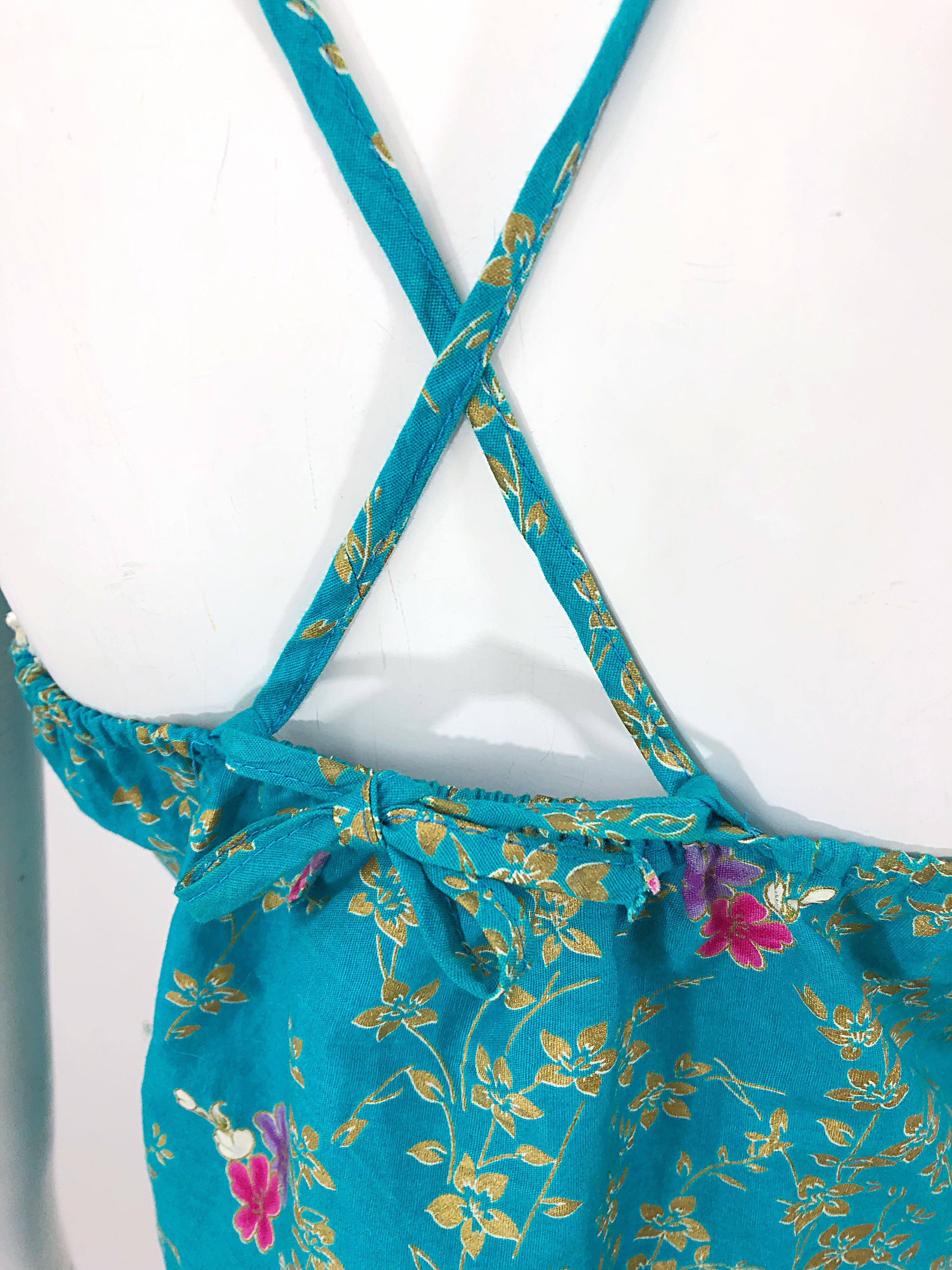 1970er Teal Blau + Gold + Rosa Handbemaltes Boho Vintage 70er Jahre Halter Top Shirt im Angebot 1